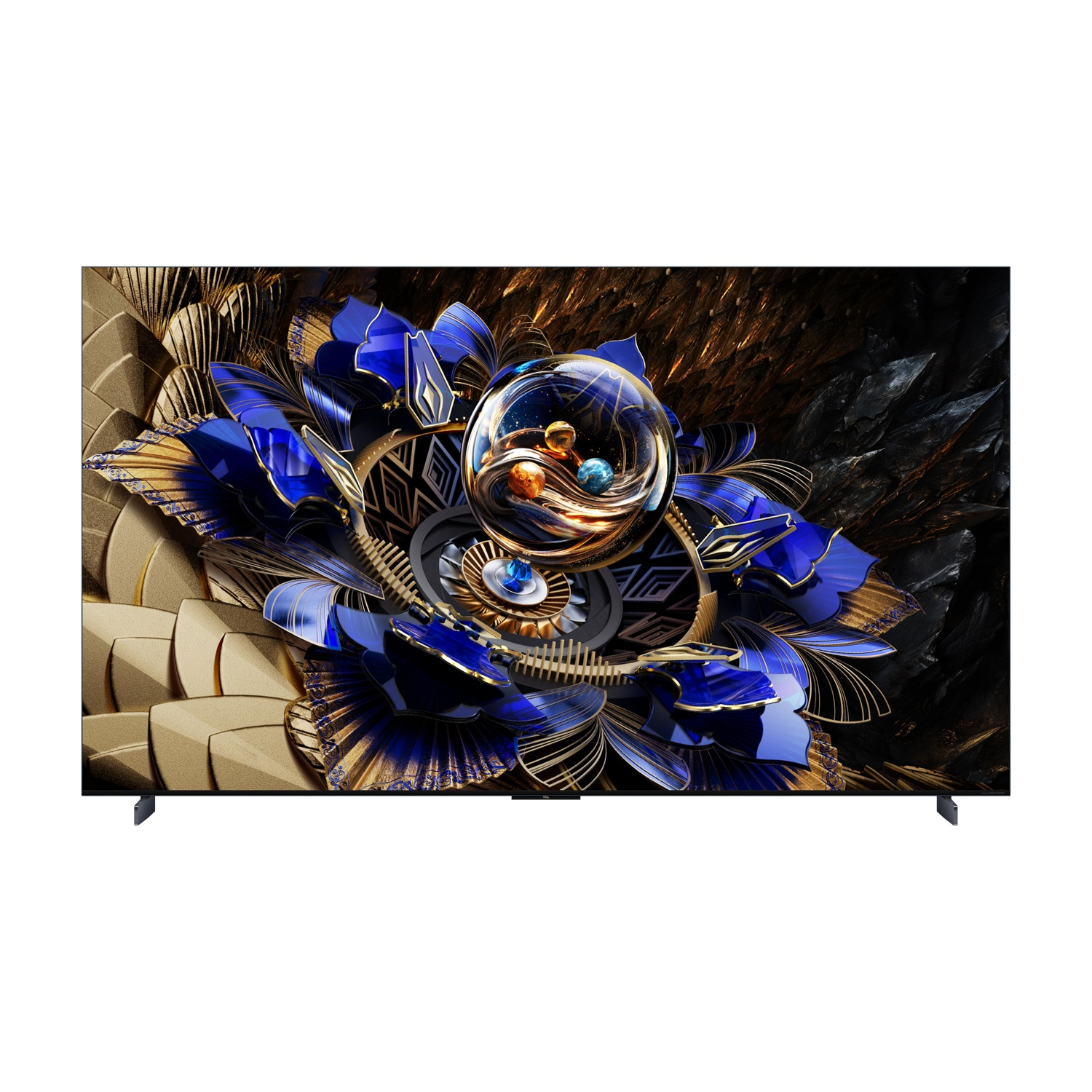 Nowoczesny telewizor wyświetla abstrakcyjny, kolorowy obraz z niebieskimi kwiatami i złotymi akcentami.