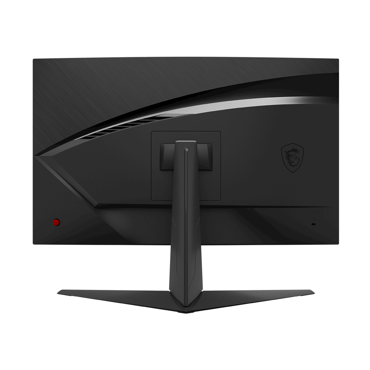 Tył czarnego monitora z logo MSI i czerwonym przyciskiem.