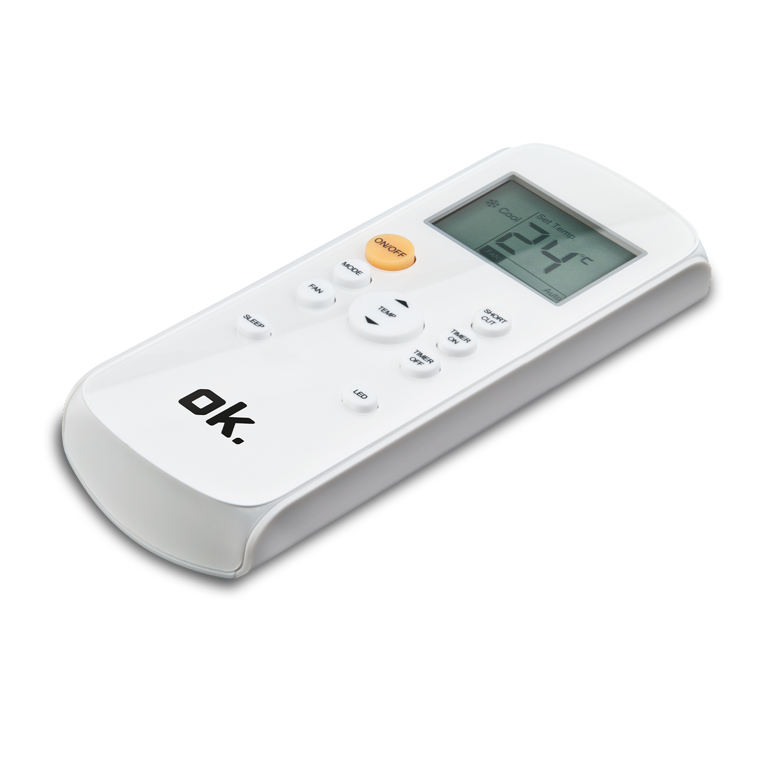 Ein weißer Klimaanlagen-Fernbedienungs-Controller mit LCD-Bildschirm und Tasten.