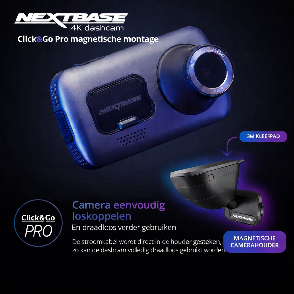 Nextbase 4K Dashcam mit magnetischer Click&Go Pro Halterung und 3M Klebepad.