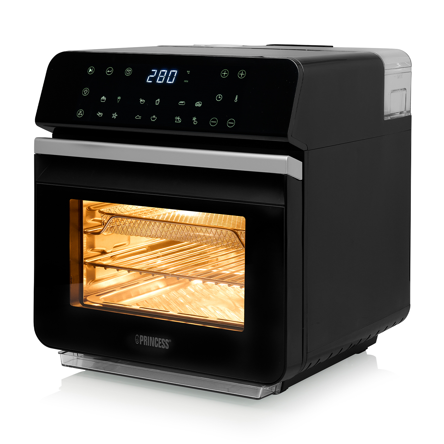 Forno friggitrice ad aria nero con display digitale e interno illuminato.