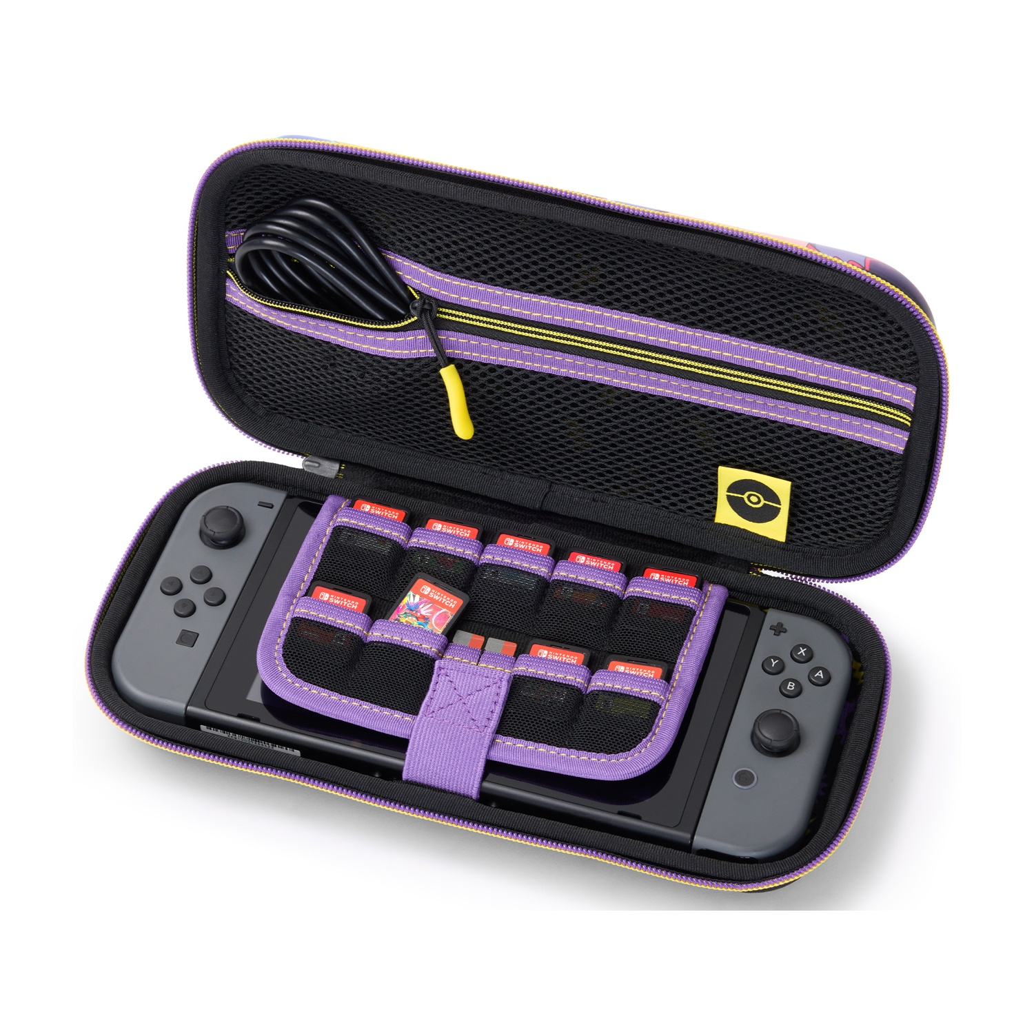 Custodia viola per Nintendo Switch con console, giochi e cavo.
