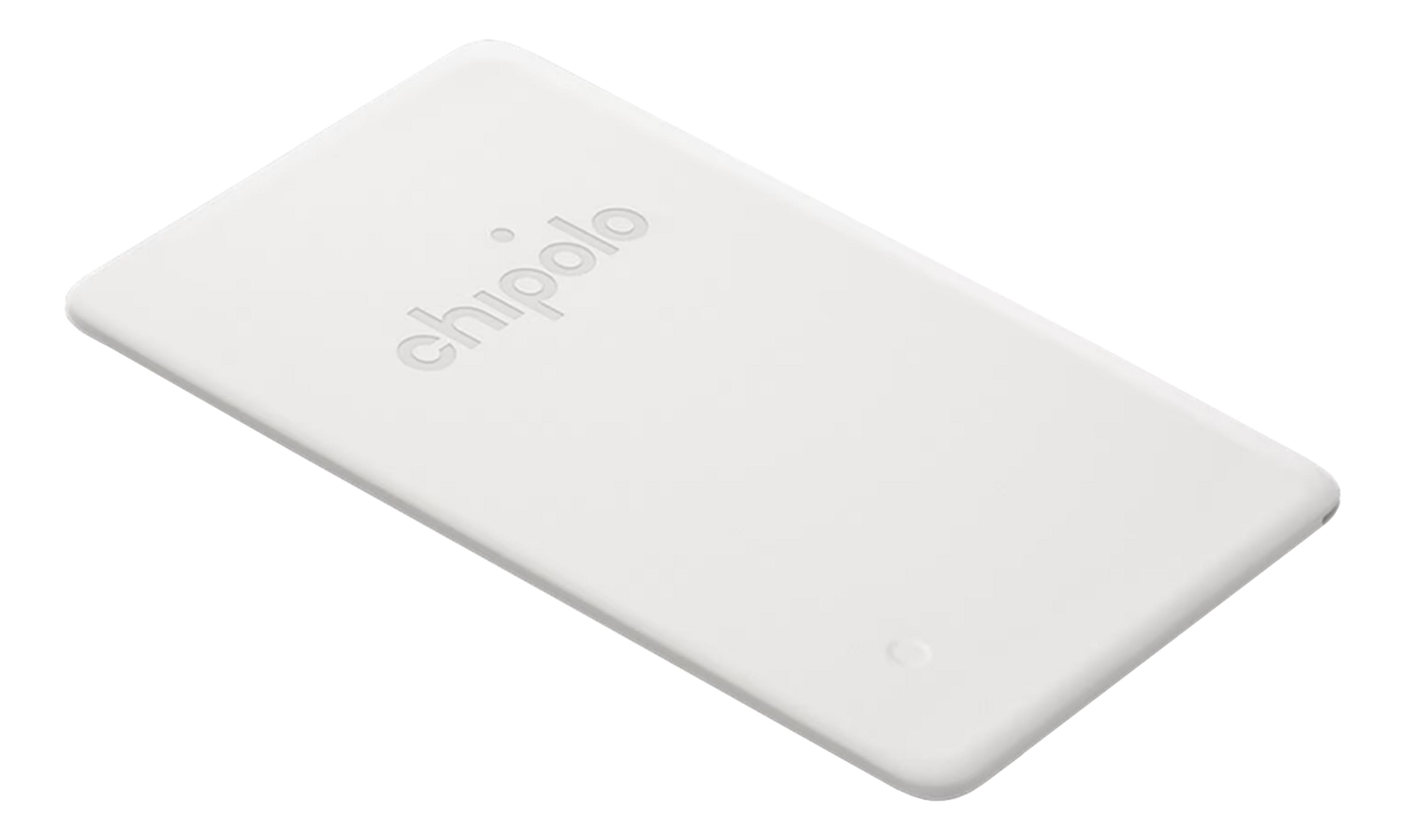 Un dispositivo Chipolo bianco con angoli arrotondati su sfondo bianco.