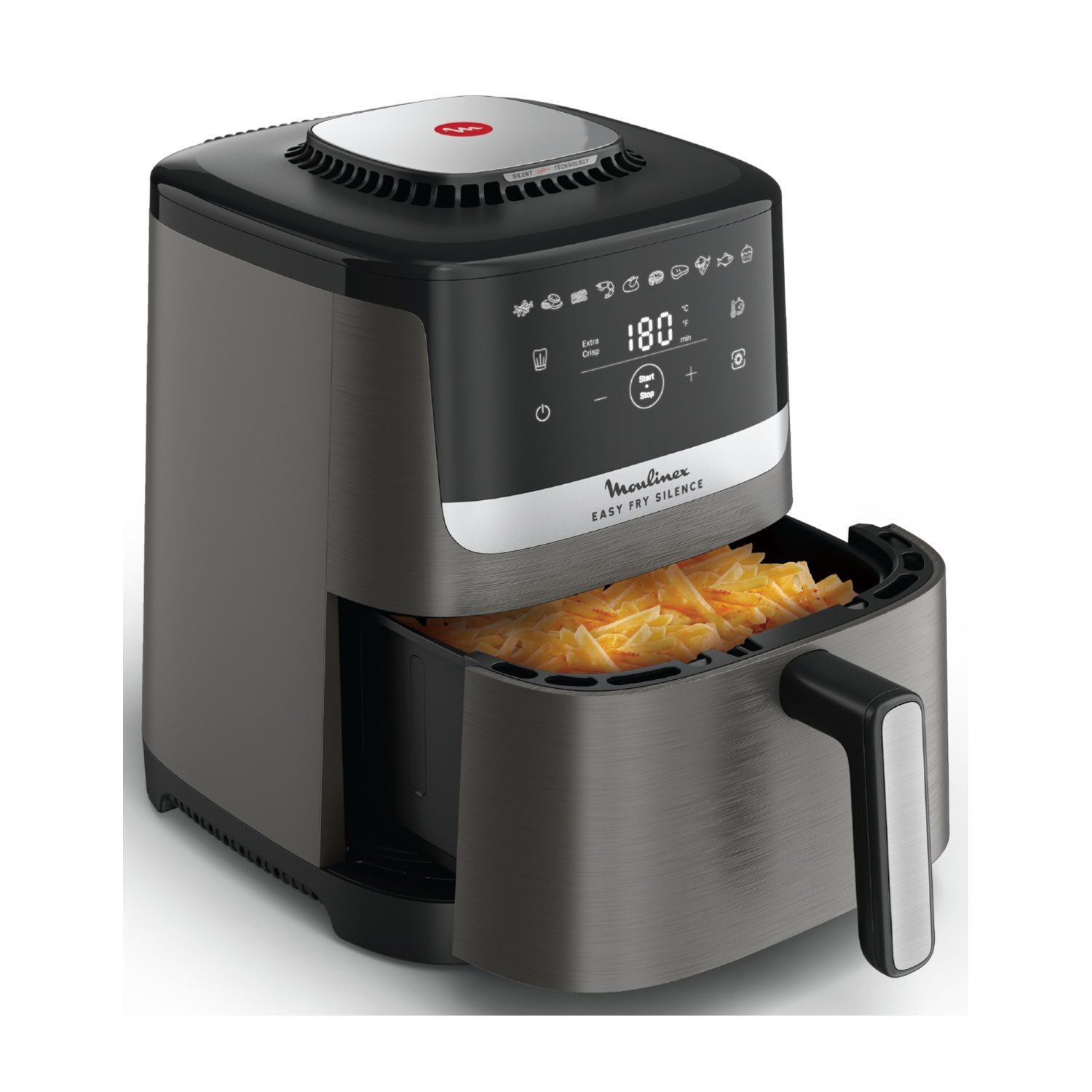 Freidora de aire gris con cesta extraíble llena de patatas fritas. Pantalla digital muestra 180°C.