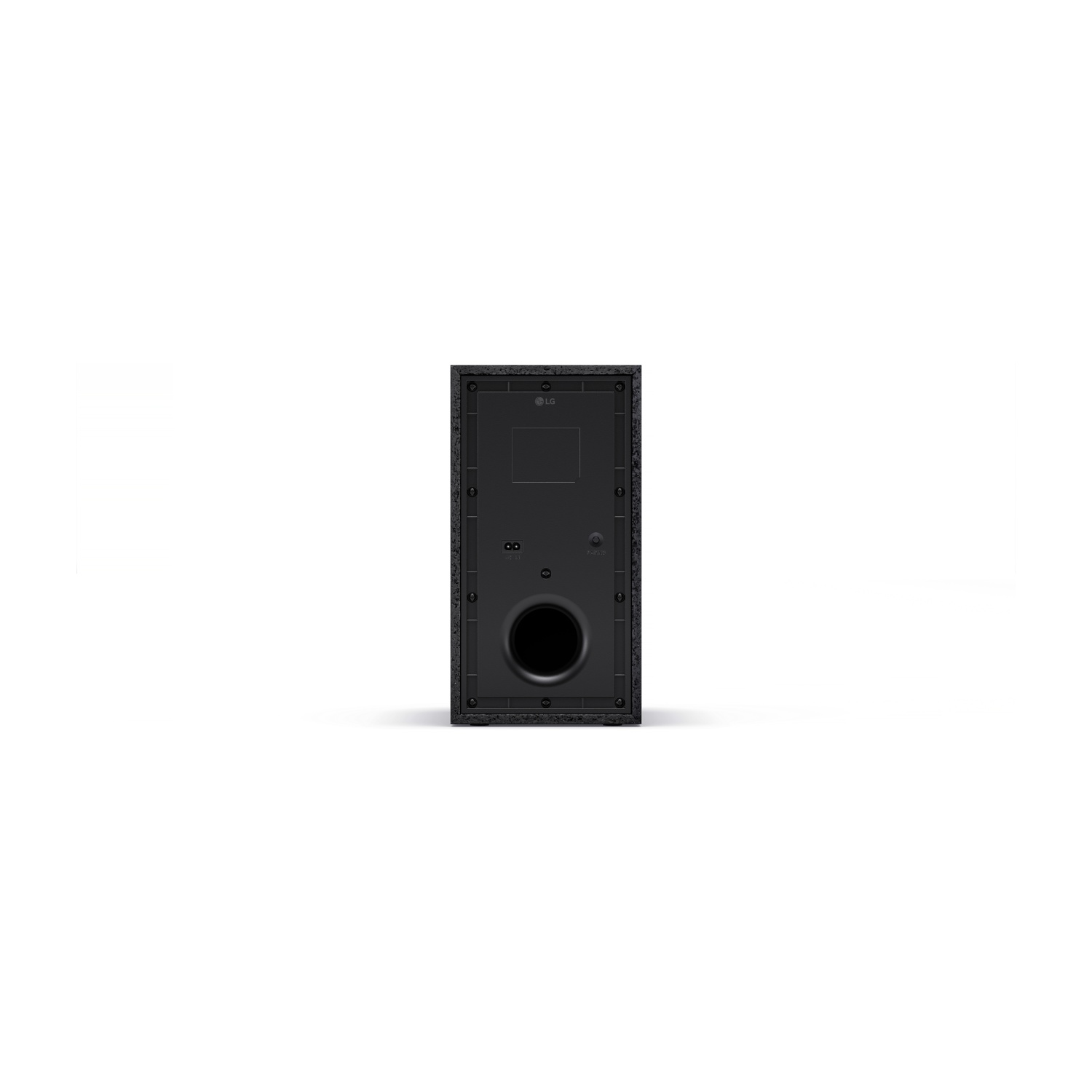 Rückseite eines schwarzen LG Subwoofers mit Anschlüssen und einem großen runden Lautsprecherausgang.