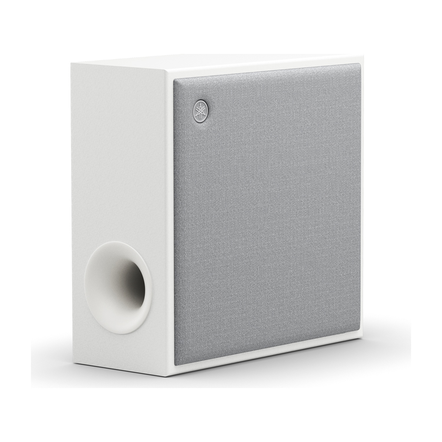 Un subwoofer bianco con frontale in tessuto grigio e logo Yamaha.