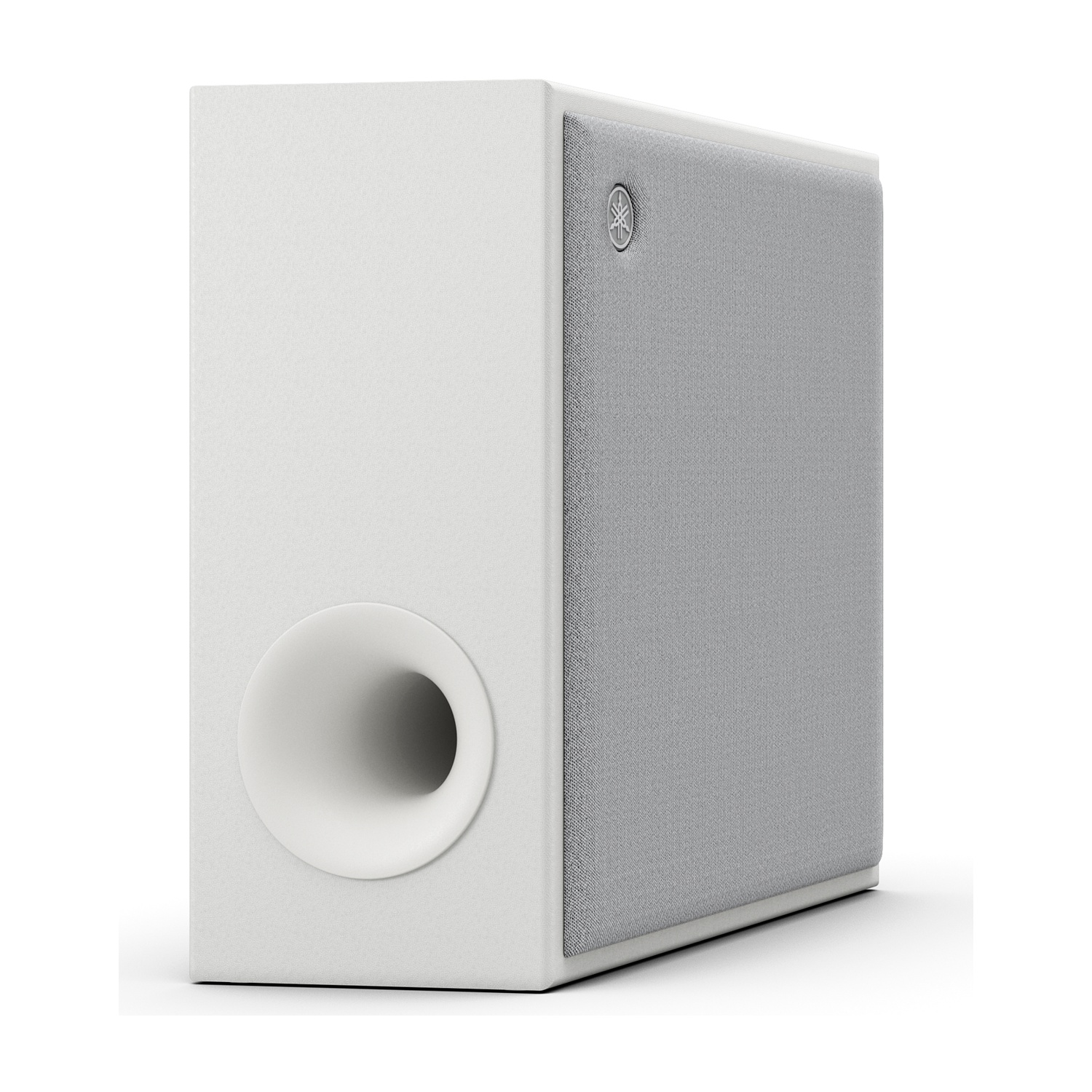 Un subwoofer bianco con porta rotonda a sinistra e griglia in tessuto grigio a destra.