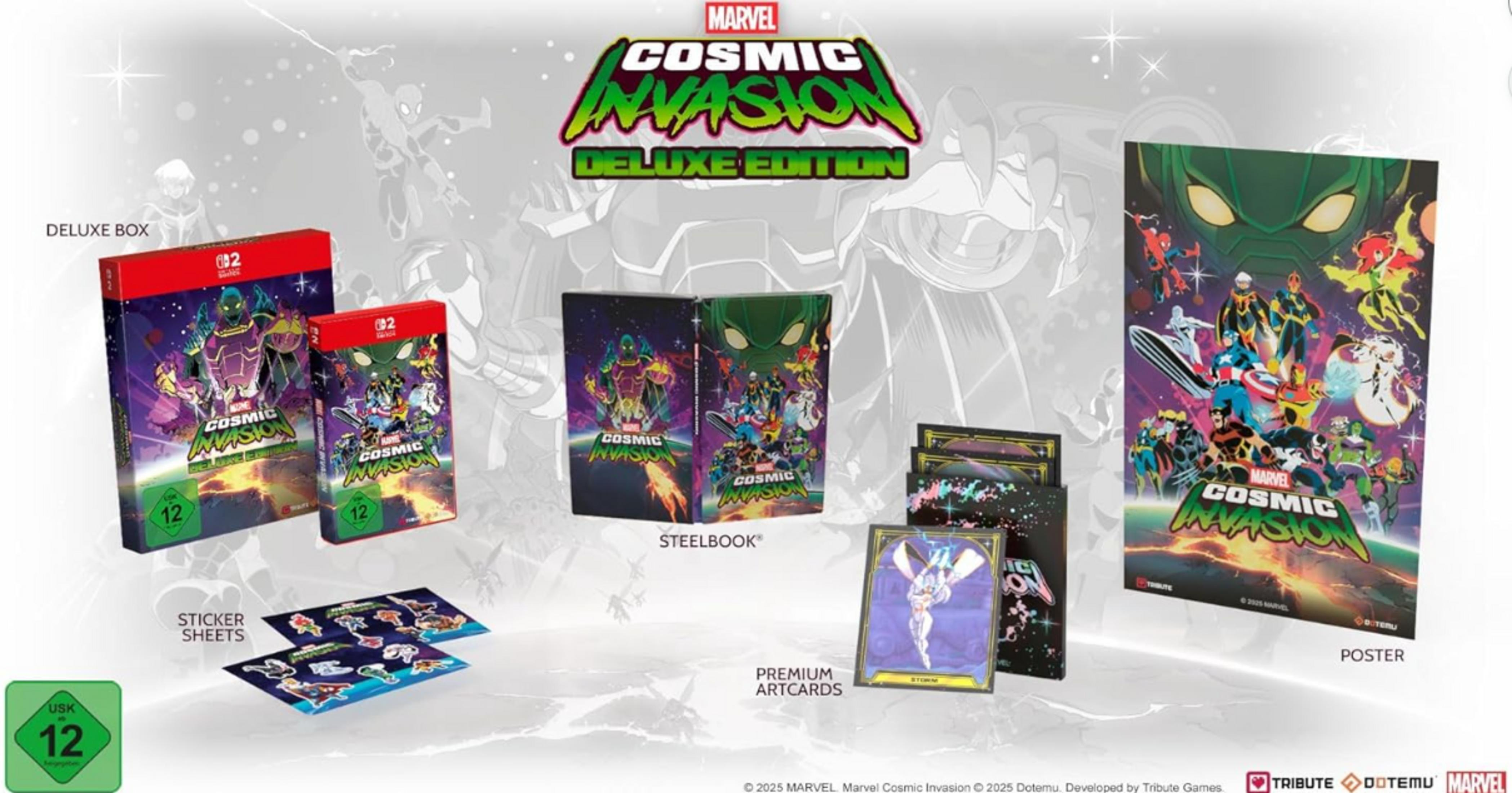 Contenuto Marvel Cosmic Invasion Deluxe Edition: Box gioco, steelbook, adesivi e poster con supereroi.