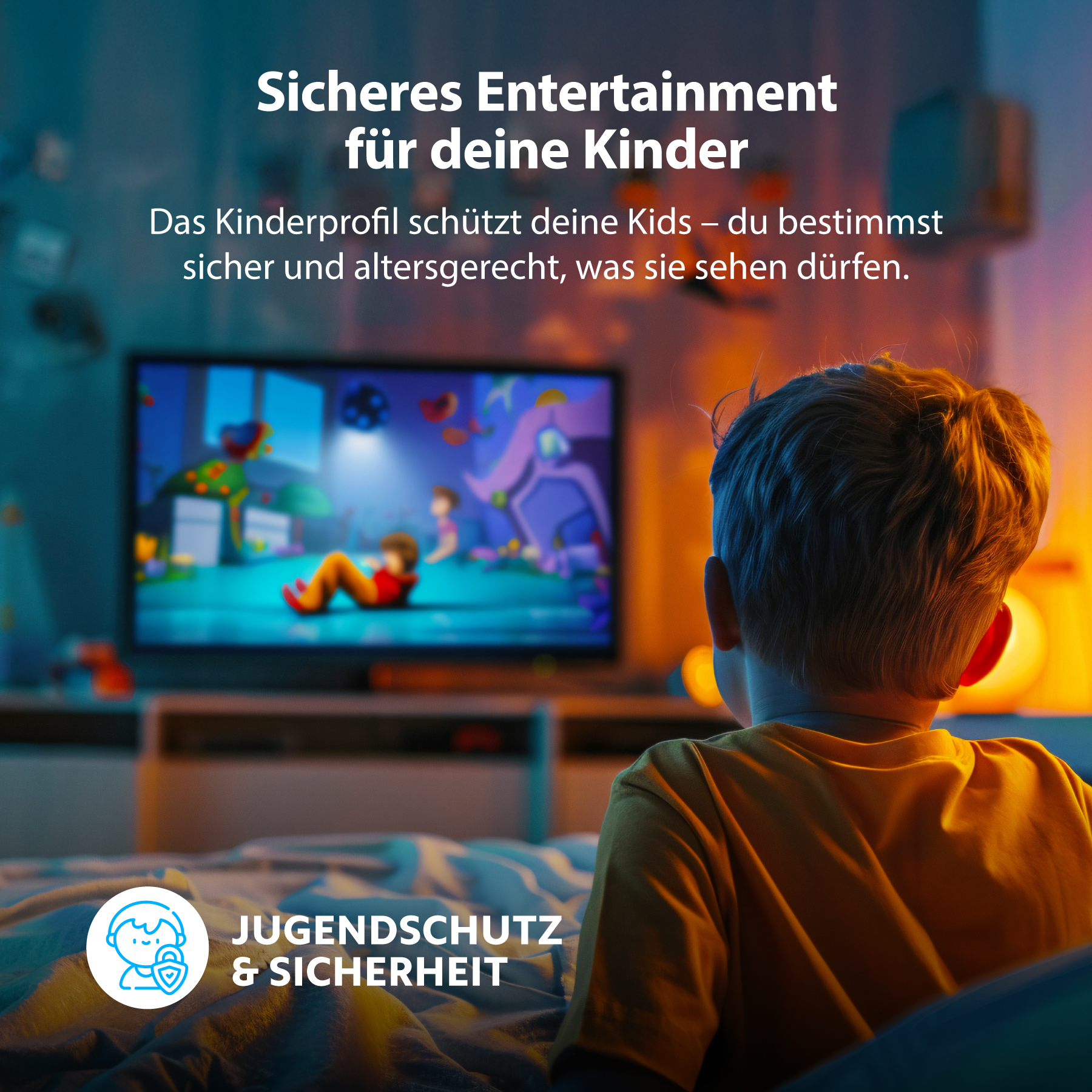 Ein Junge schaut fern. "Sicheres Entertainment für deine Kinder."