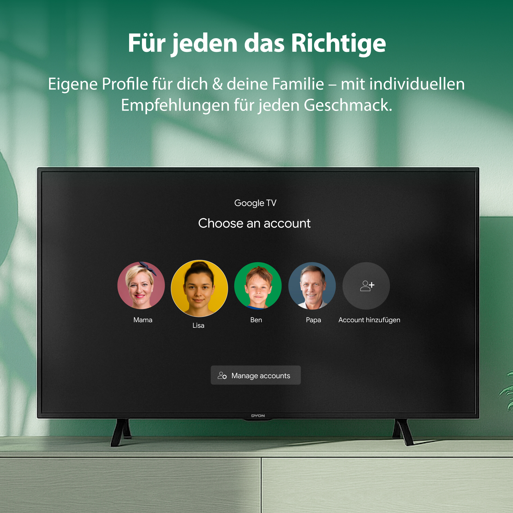 Ein Fernsehbildschirm zeigt die Google TV-Oberfläche mit Profilen für Mama, Lisa, Ben, Papa und 