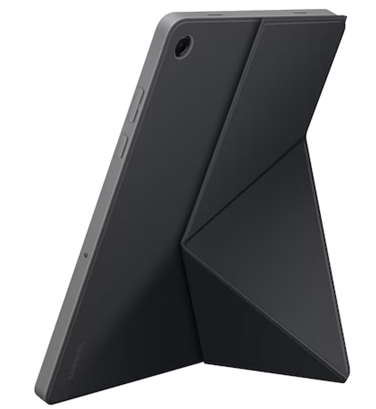 Ein graues Tablet mit einer schwarzen, gefalteten Hülle, das aufrecht steht.