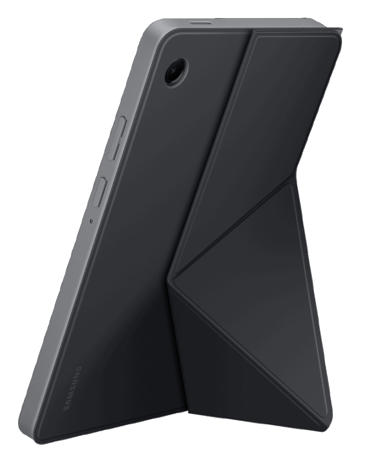 Tablet grigio con cover nera che funge da supporto.