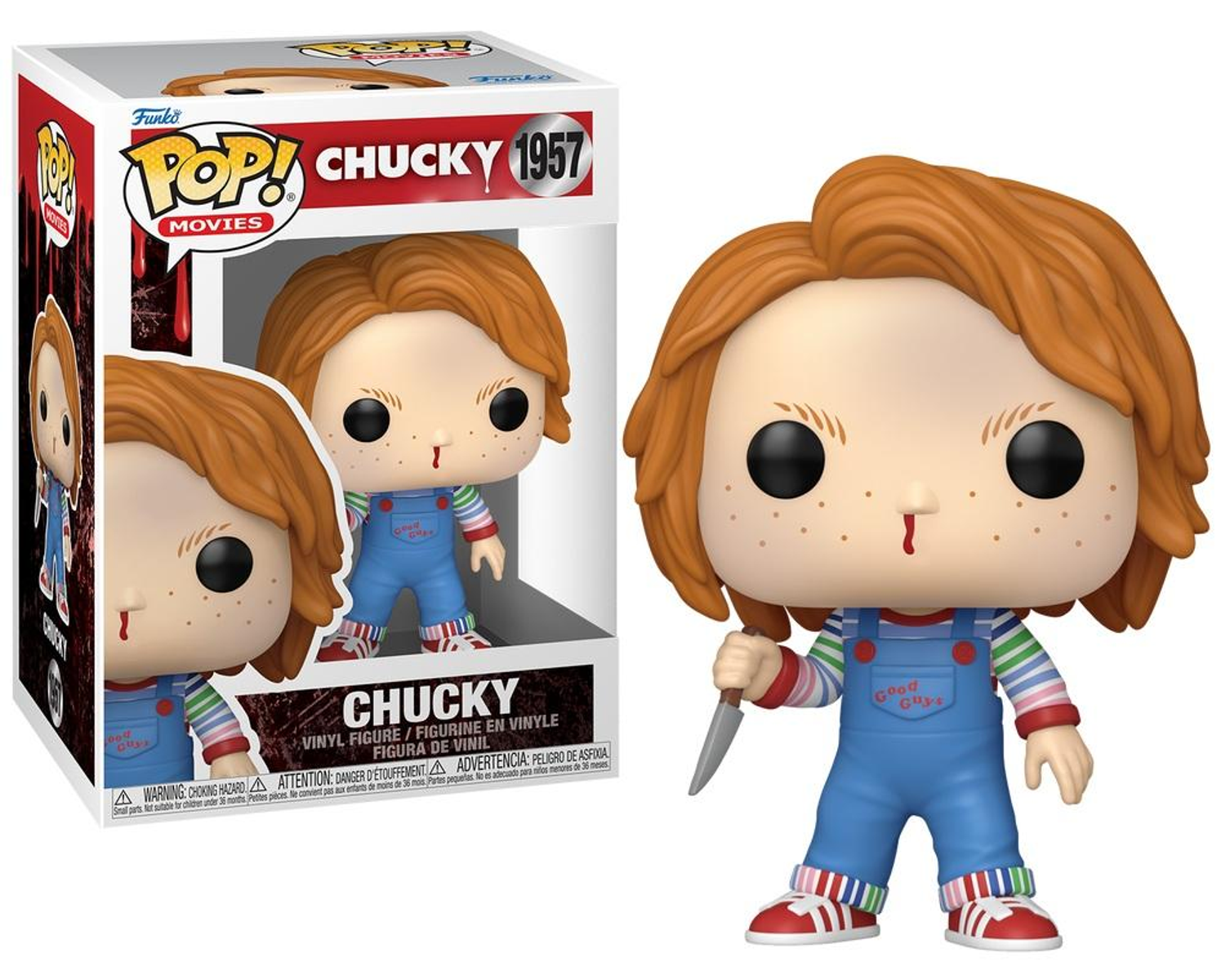 Figurka Funko Pop! Chucky z nożem, niebieskie ogrodniczki, pasiasta koszula.