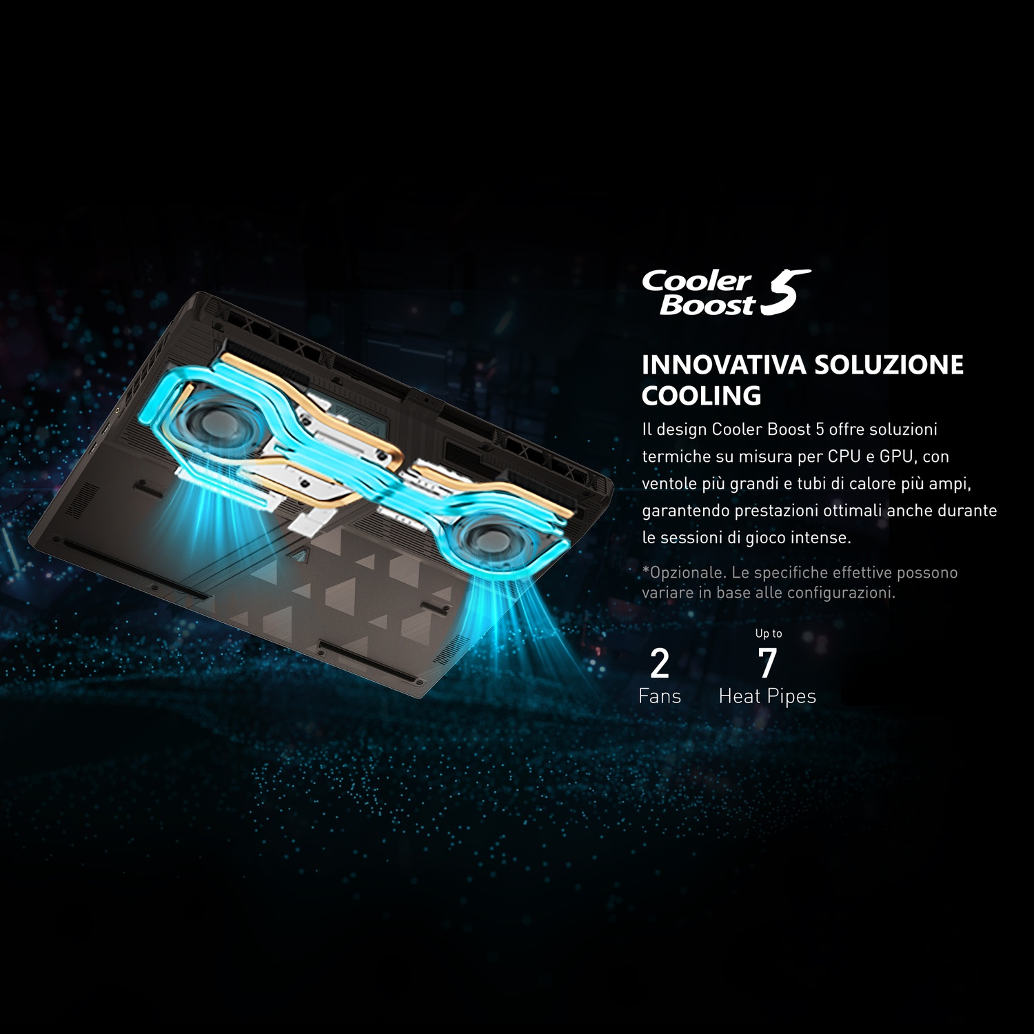 Sistema di raffreddamento laptop con due ventole e sette heat pipe.