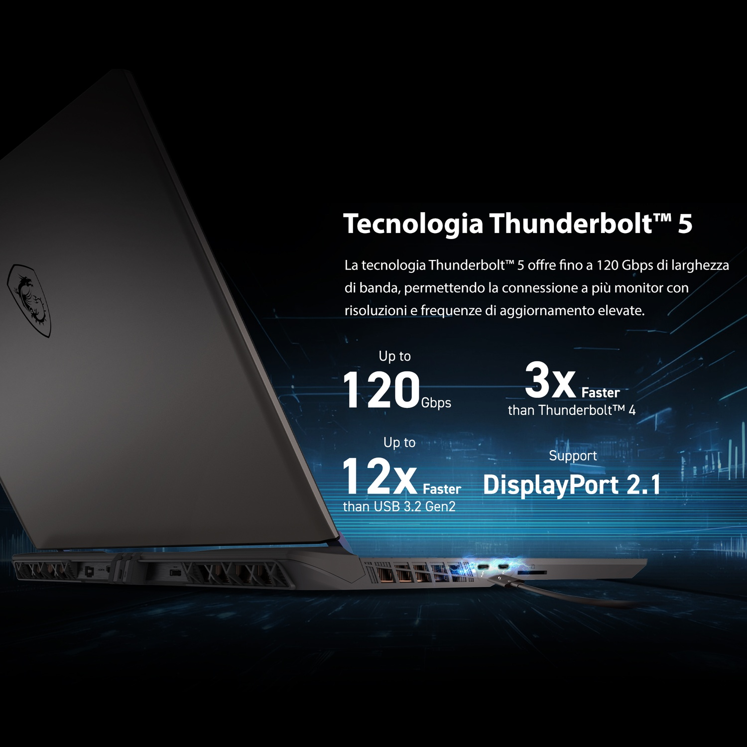 Laptop con Thunderbolt 5: 120 Gbps, 3x più veloce di TB4, 12x più veloce di USB 3.2 Gen2.