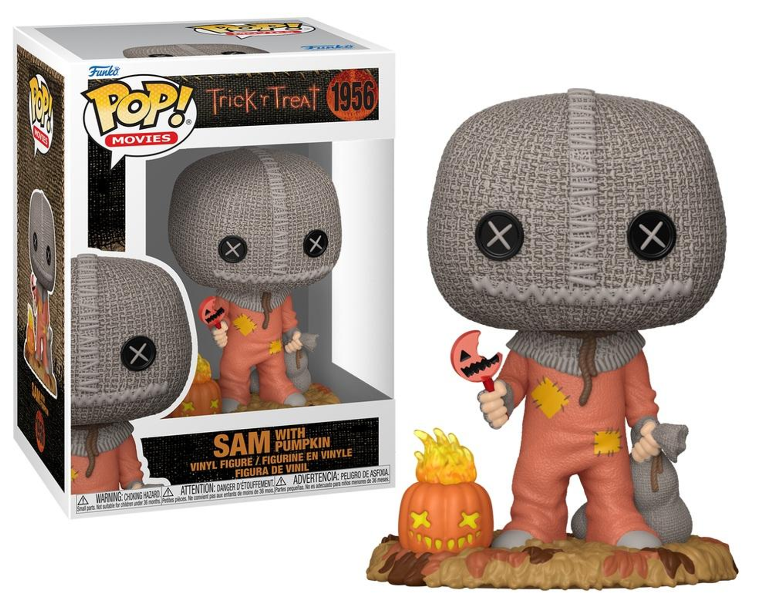Figurka Sama z dynią Funko Pop! z Trick 'r Treat, trzymająca cukierek i torbę.