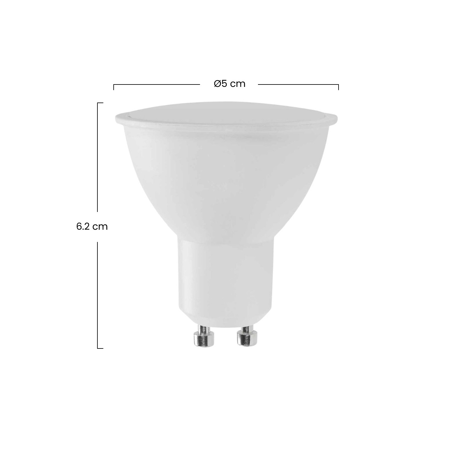 Bombilla blanca, 5cm diámetro, 6,2cm altura, con dos pines.