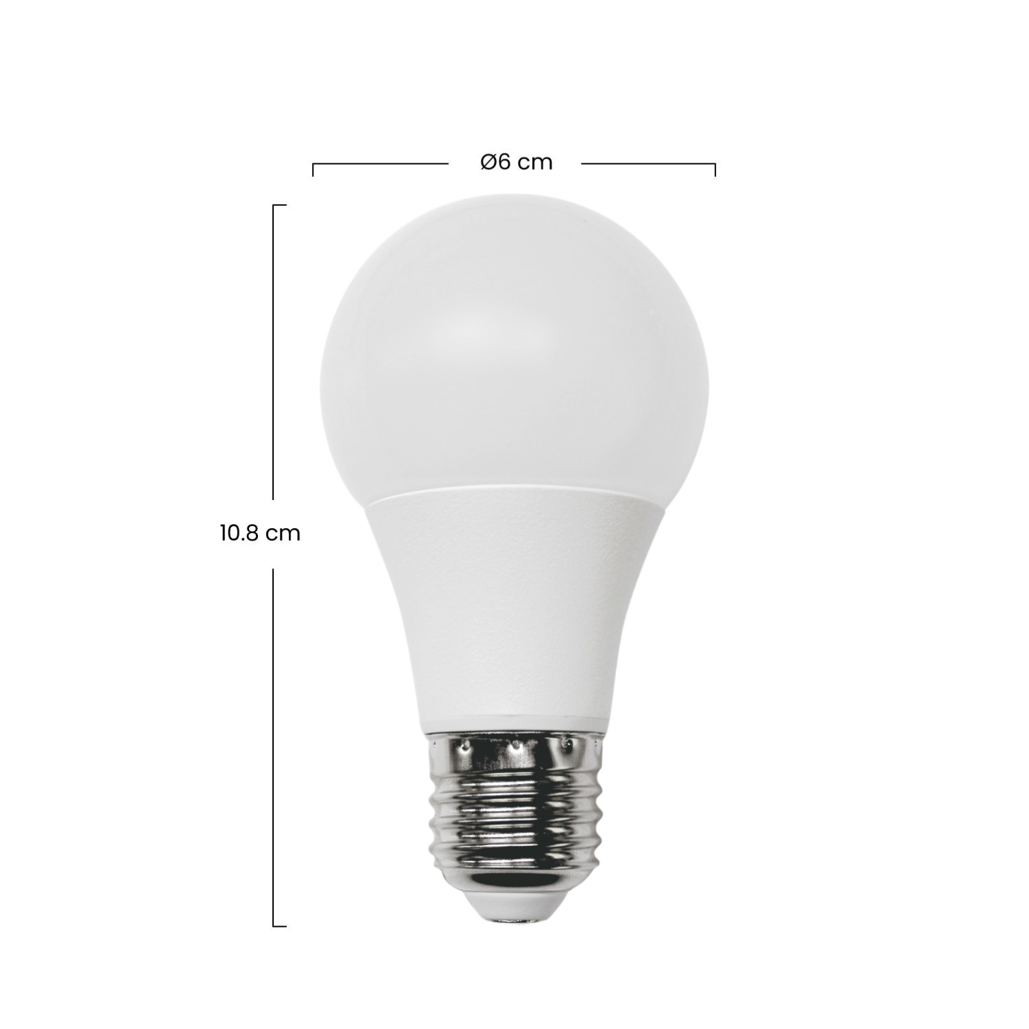 Una bombilla LED blanca con base de rosca plateada, 10,8 cm de largo y 6 cm de ancho.