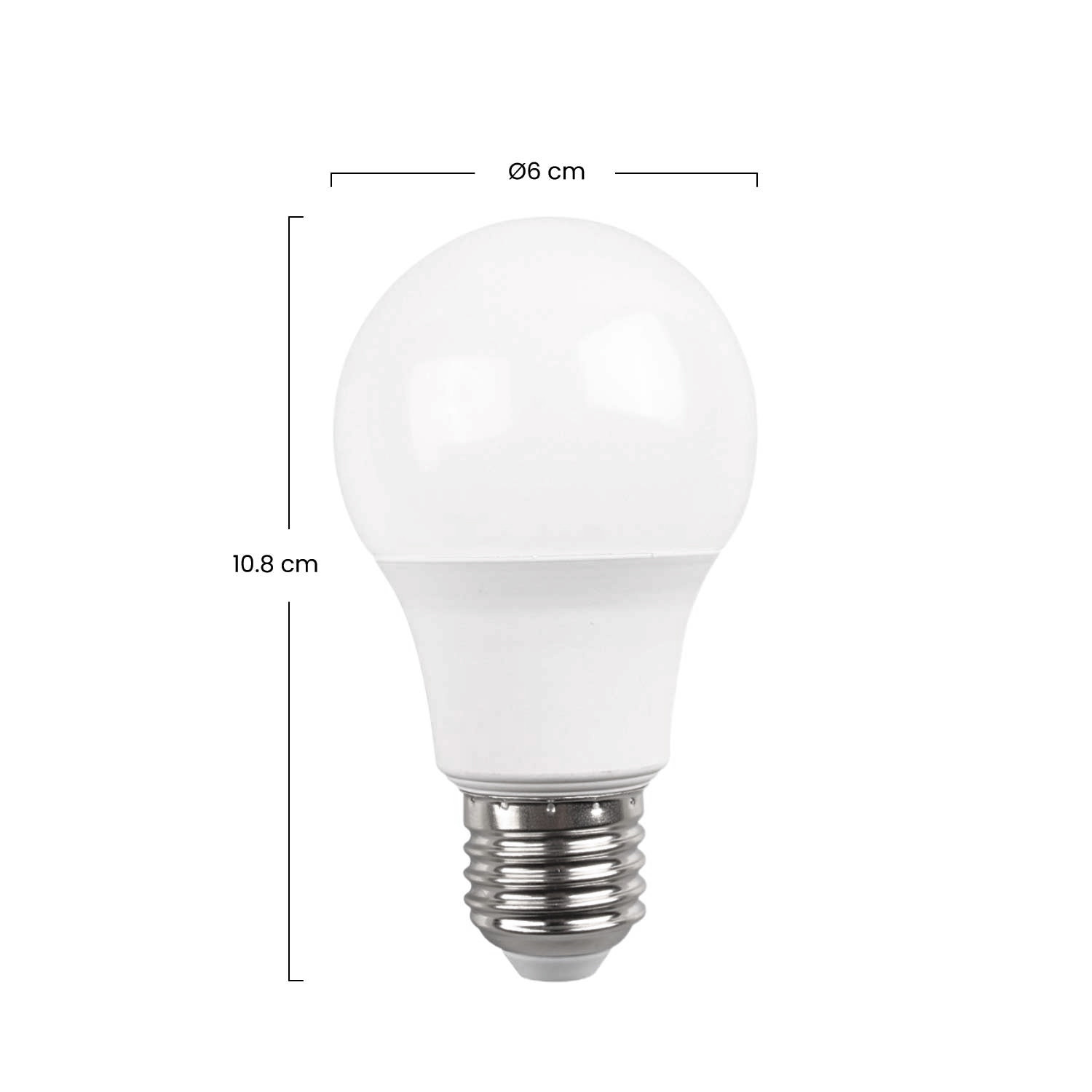 Una bombilla LED blanca con base de rosca, 10,8 cm de alto y 6 cm de diámetro.