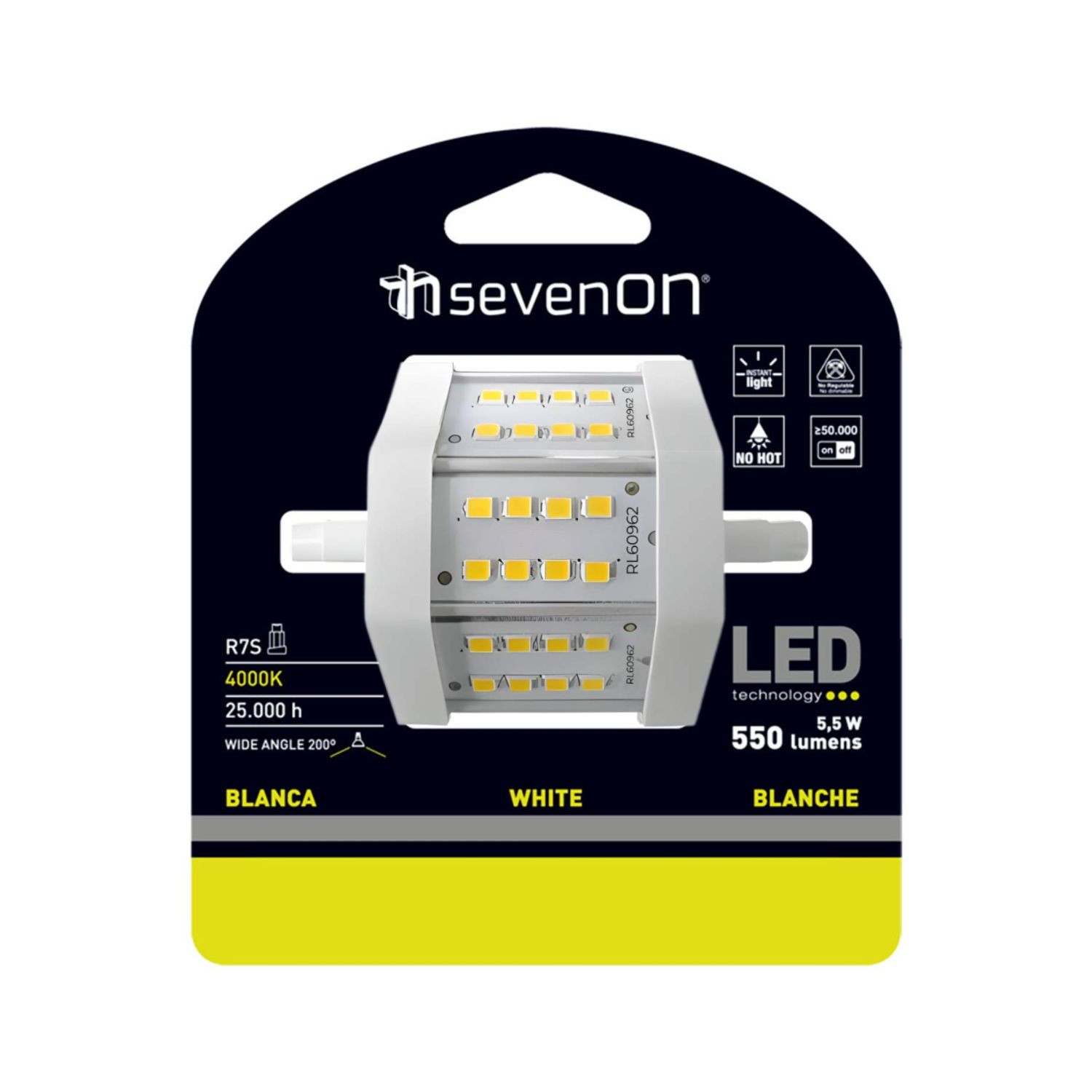 Embalaje de bombilla LED R7S, 5,5W, 550 lúmenes, 4000K, 25000h.