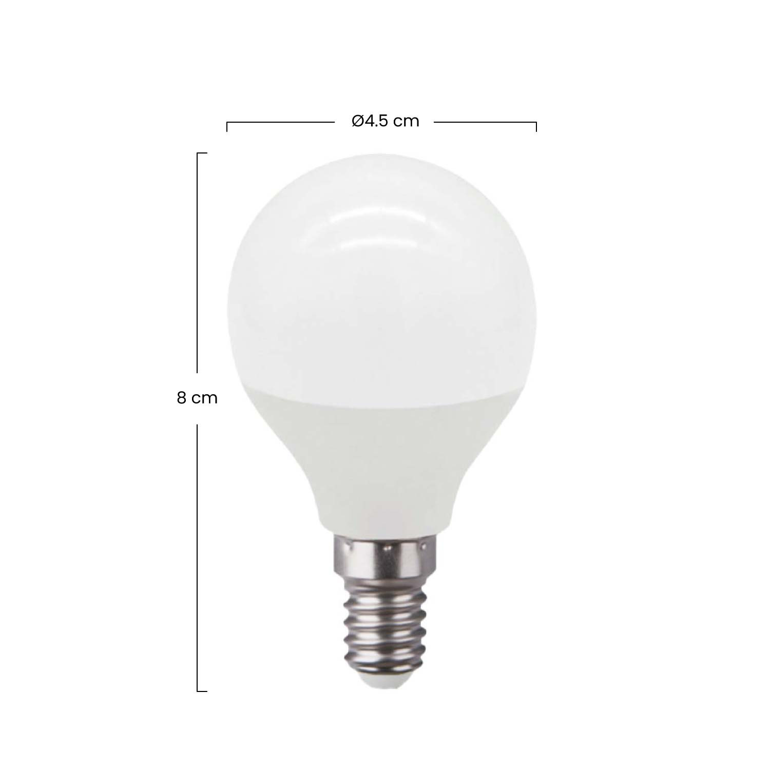 Una bombilla LED blanca con base E14, 8cm alto, 4,5cm diámetro.