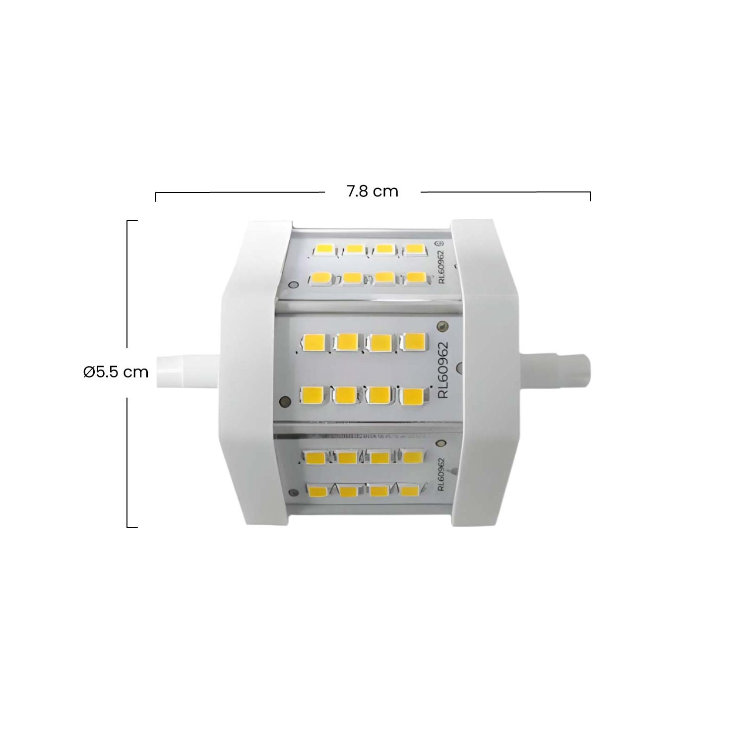 Bombilla LED blanca con LEDs amarillos, mide 7,8 cm y 5,5 cm.