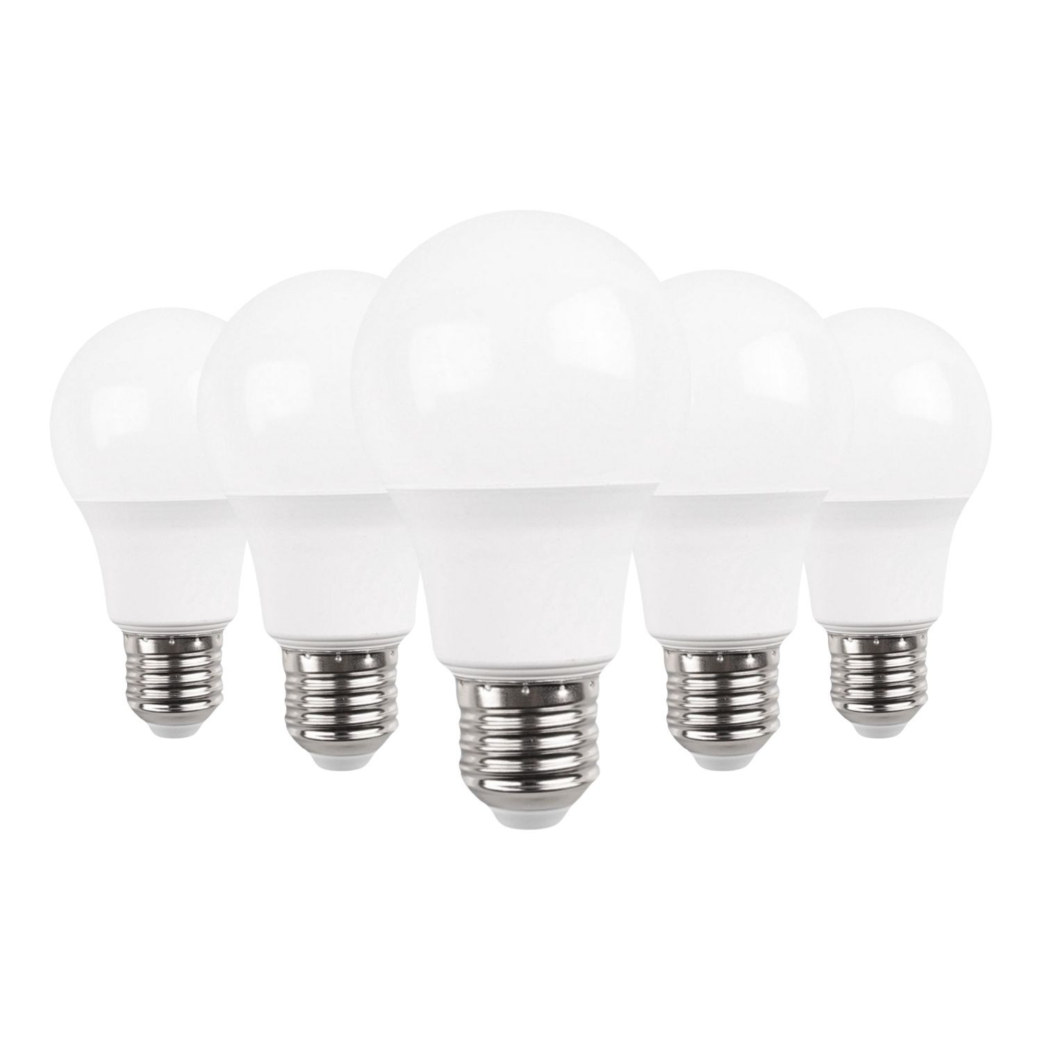 Cinco bombillas LED blancas con bases de rosca plateadas sobre fondo blanco.