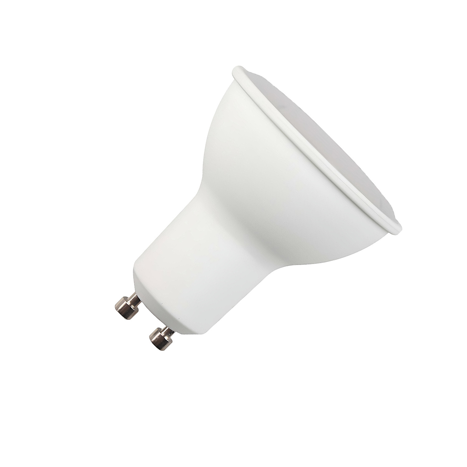 Una bombilla LED blanca con dos pines metálicos abajo.