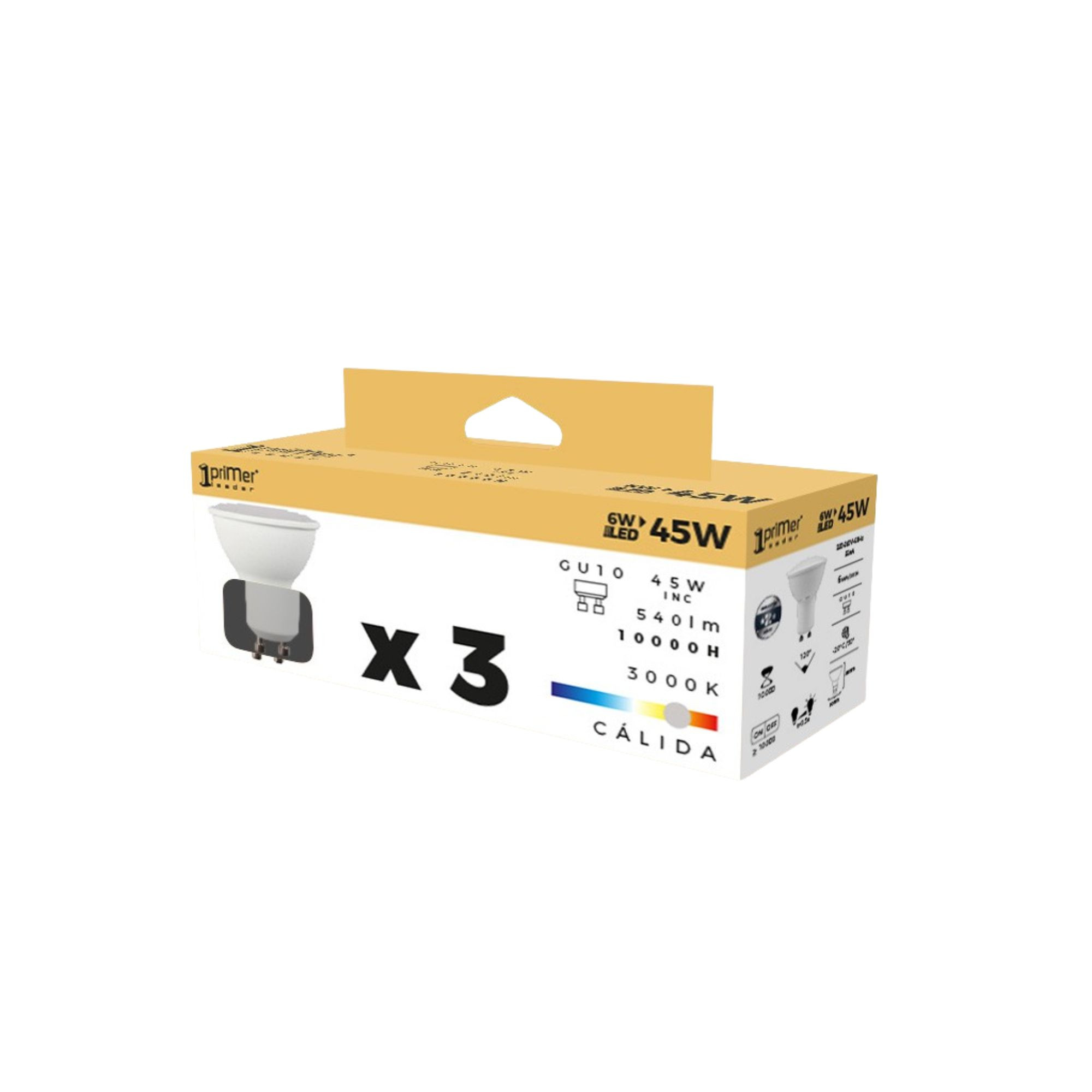 Pack de 3 bombillas LED GU10, 6W, 45W, 540lm, 3000K, cálida.