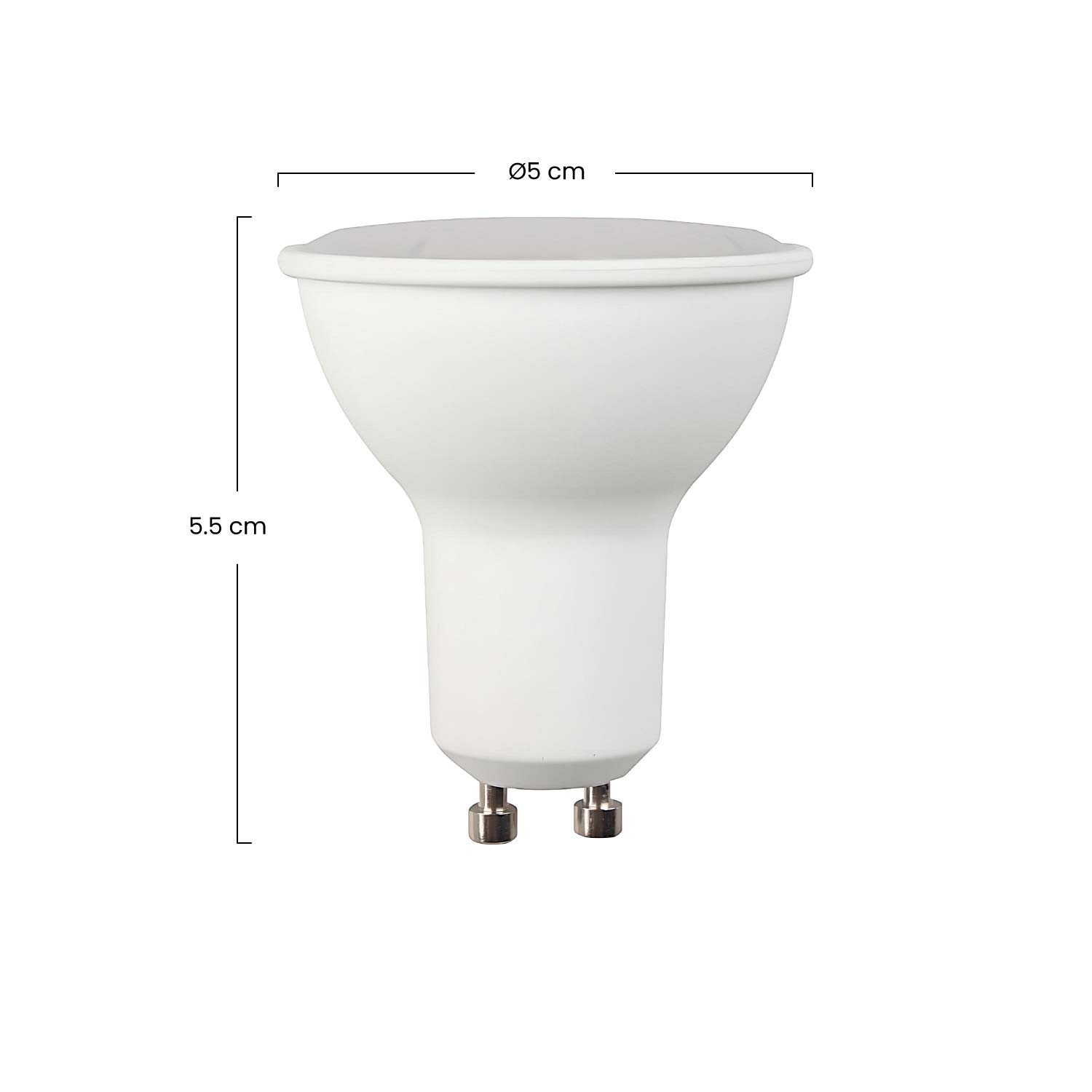 Bombilla LED blanca, 5,5 cm de alto, 5 cm de diámetro, con dos pines.