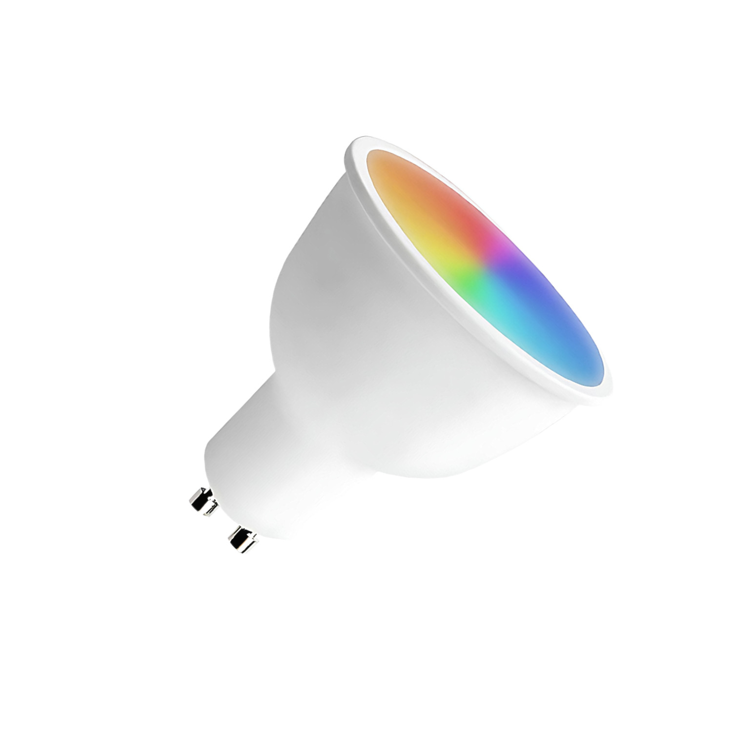 Una bombilla LED blanca con luces de colores en la parte superior.