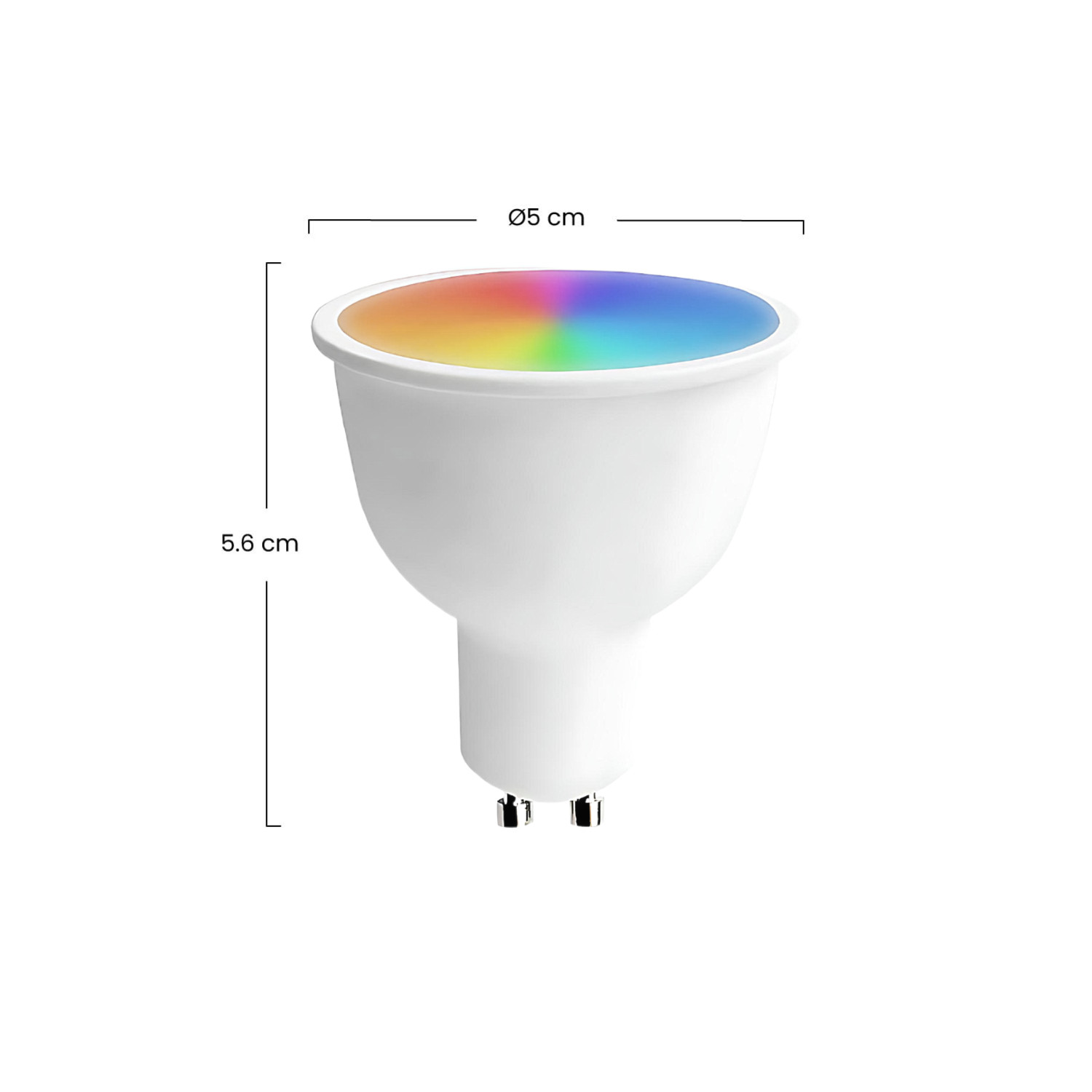 Bombilla blanca con círculo de luz de colores, 5cm diámetro, 5.6cm altura.