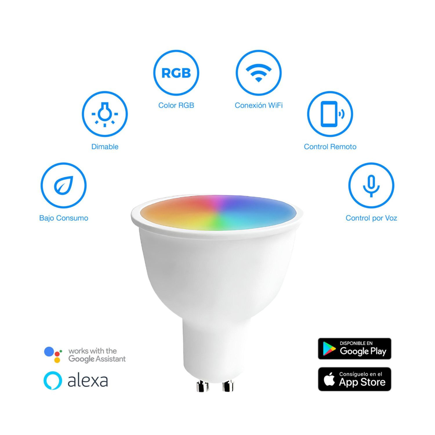 Bombilla RGB con iconos de bajo consumo, regulable, WiFi, control remoto y por voz.