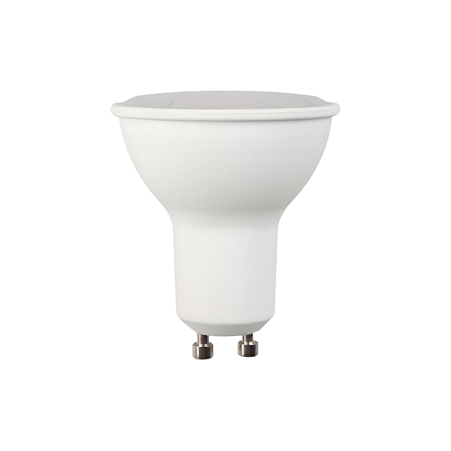 Una bombilla LED blanca con base GU10 se alza aislada sobre fondo blanco.