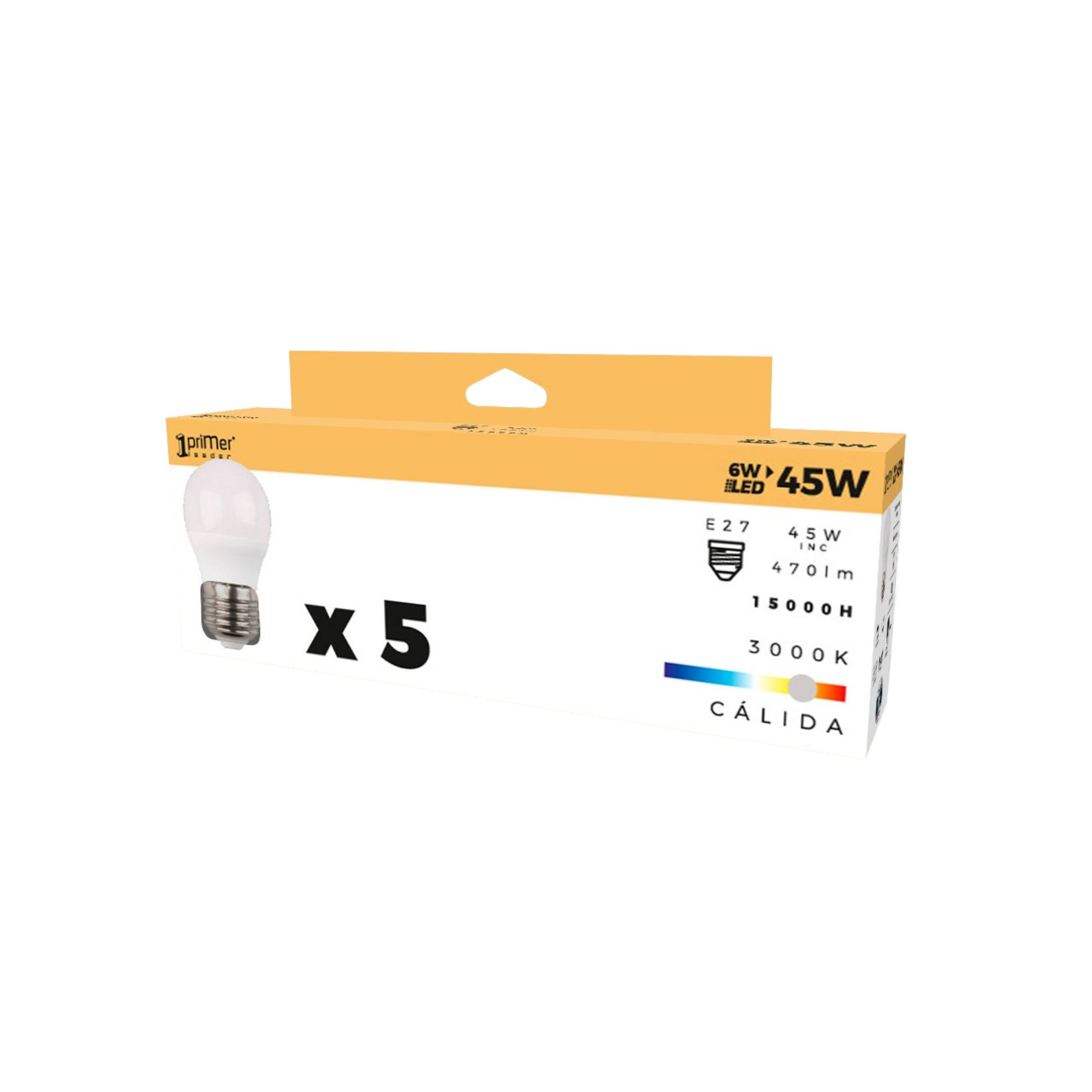 Pack de 5 bombillas LED, 6W, equivalente a 45W, 3000K.