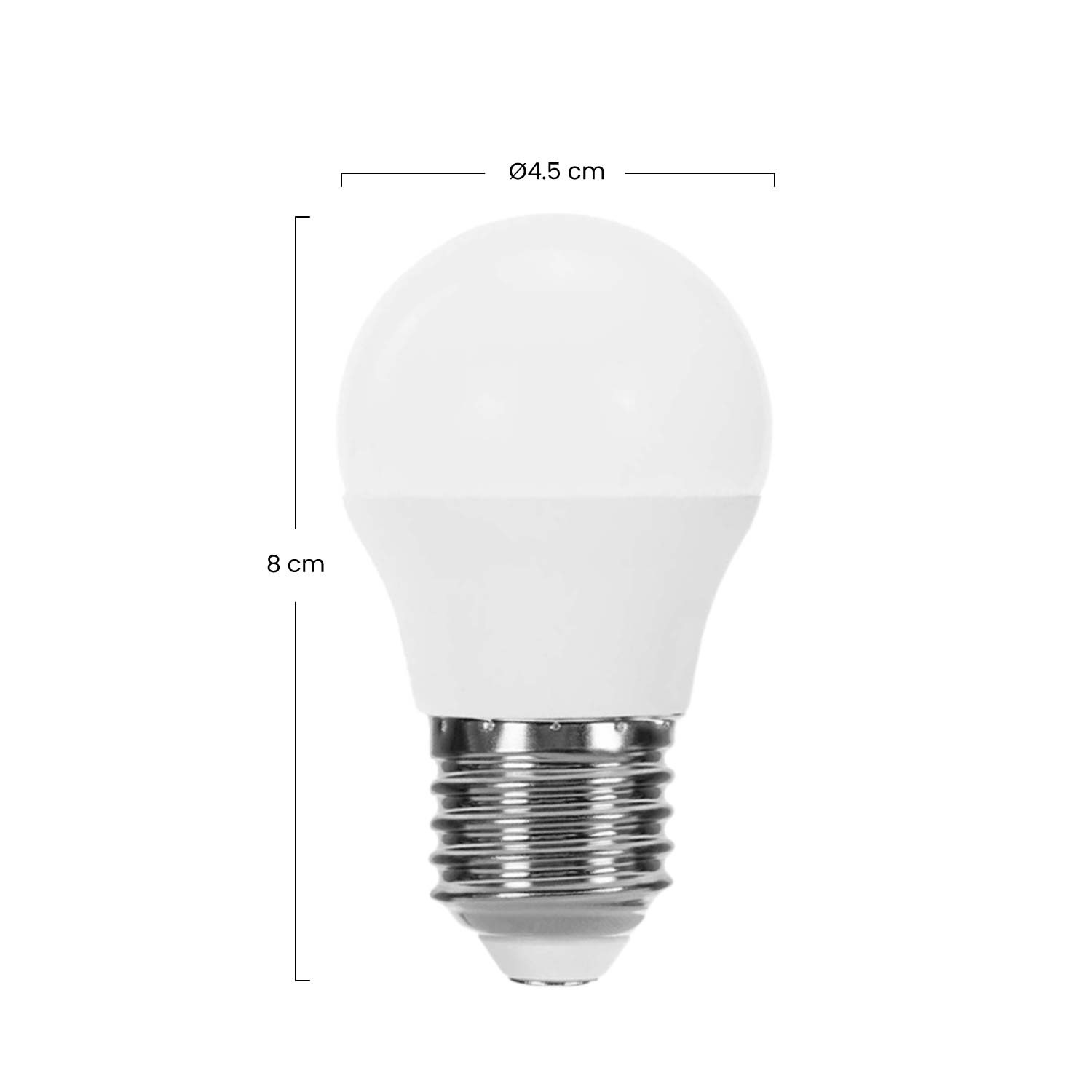 Una bombilla LED blanca de 8 cm de alto y 4,5 cm de diámetro.