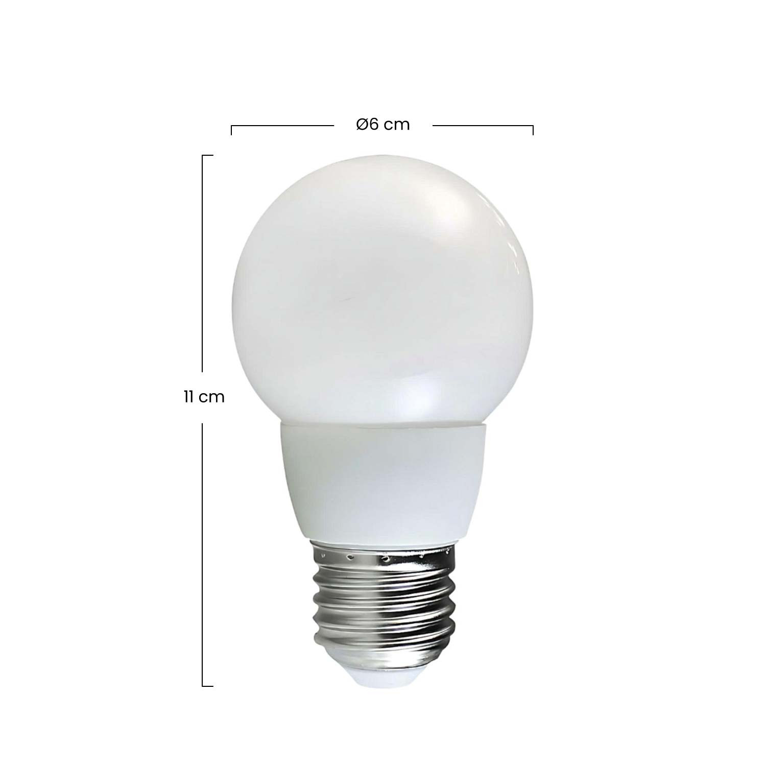 Una bombilla LED blanca con base de rosca, 11 cm de alto y 6 cm de ancho.