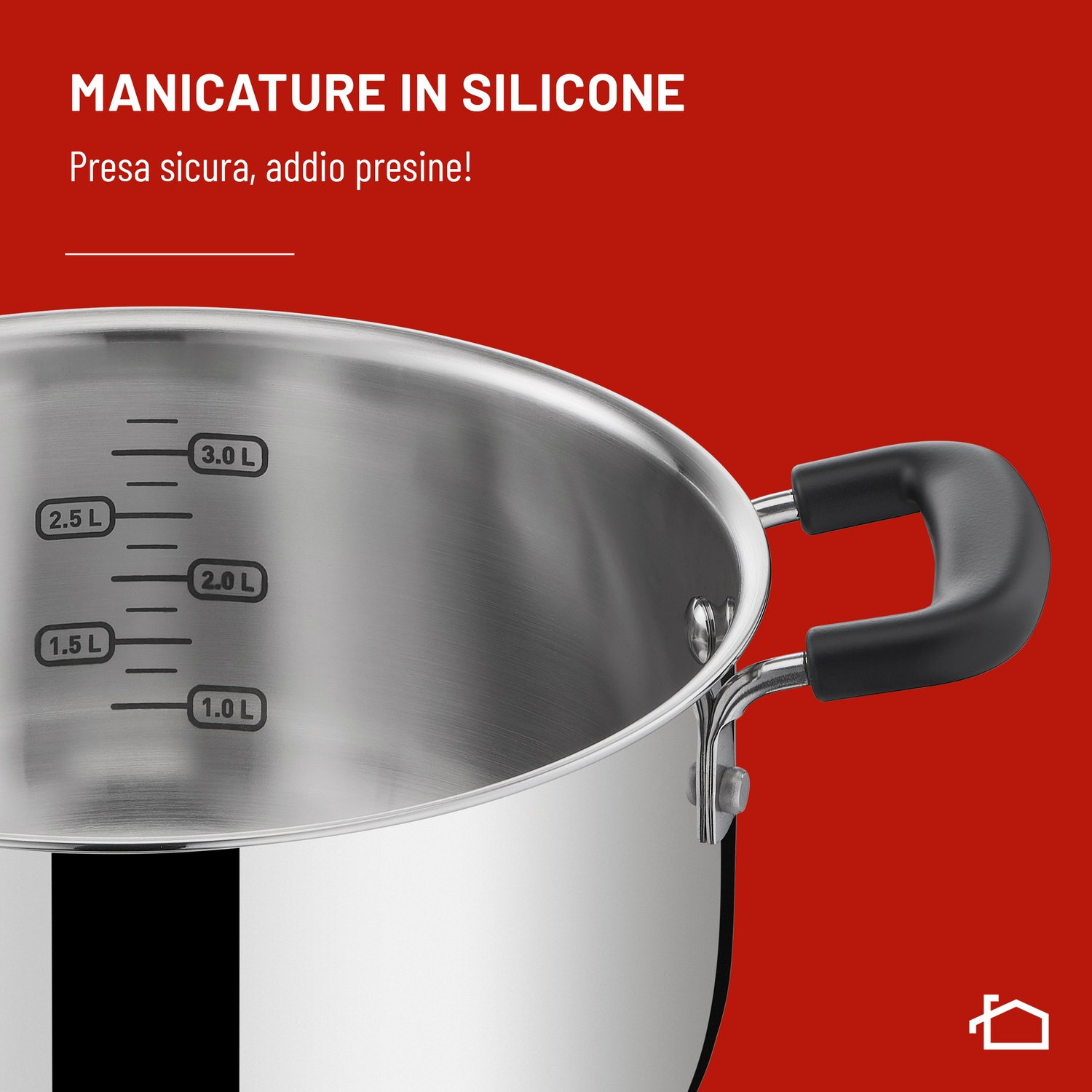 Pentola in acciaio inox con tacche di misurazione e manico in silicone.