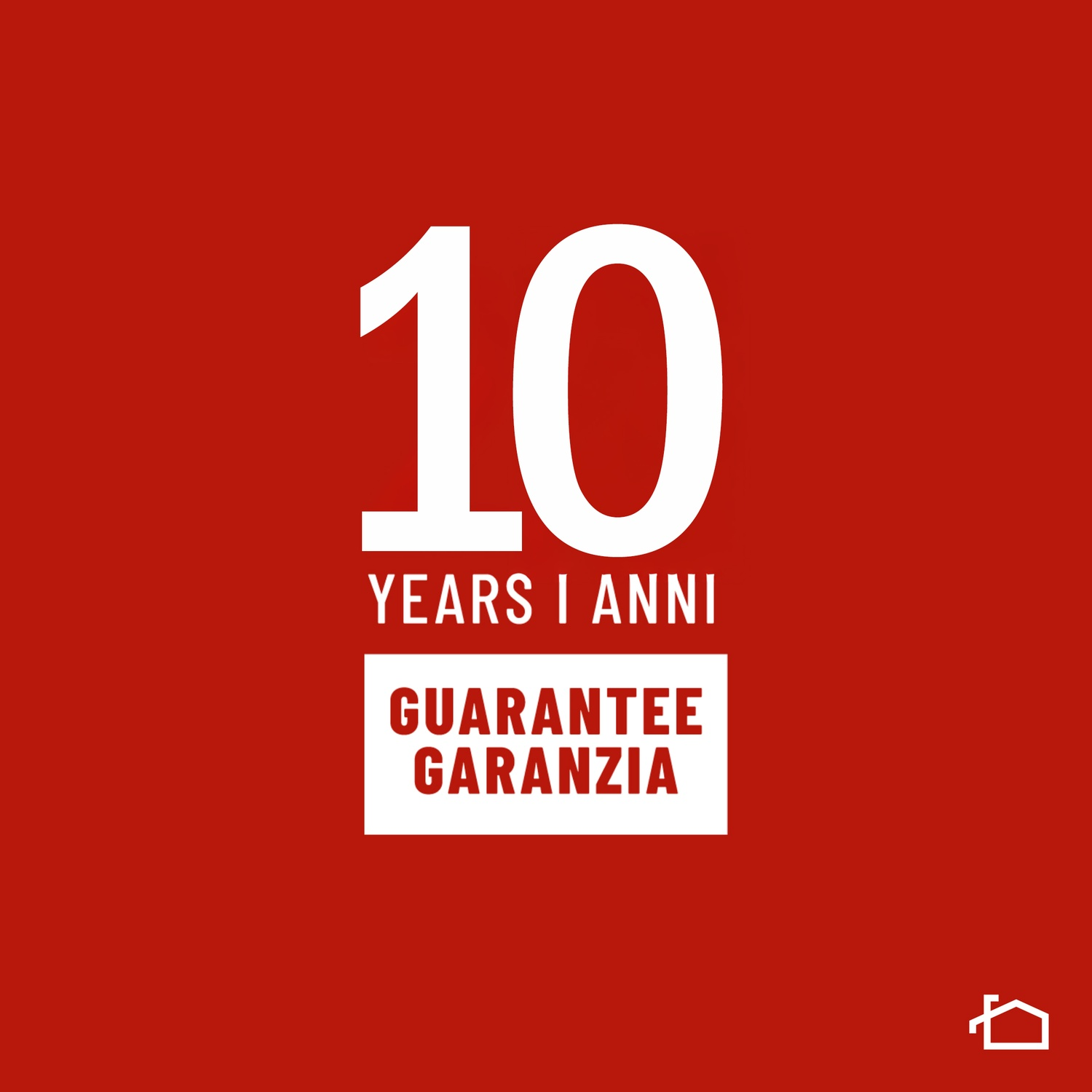 Grande 10 bianco sopra 10 anni di garanzia su sfondo rosso.