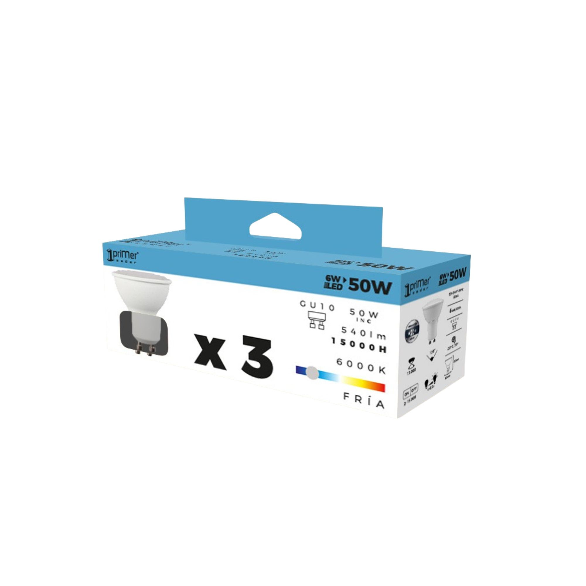 Paquete de 3 bombillas LED GU10 blancas, 6W, equivalente a 50W, 6000K.