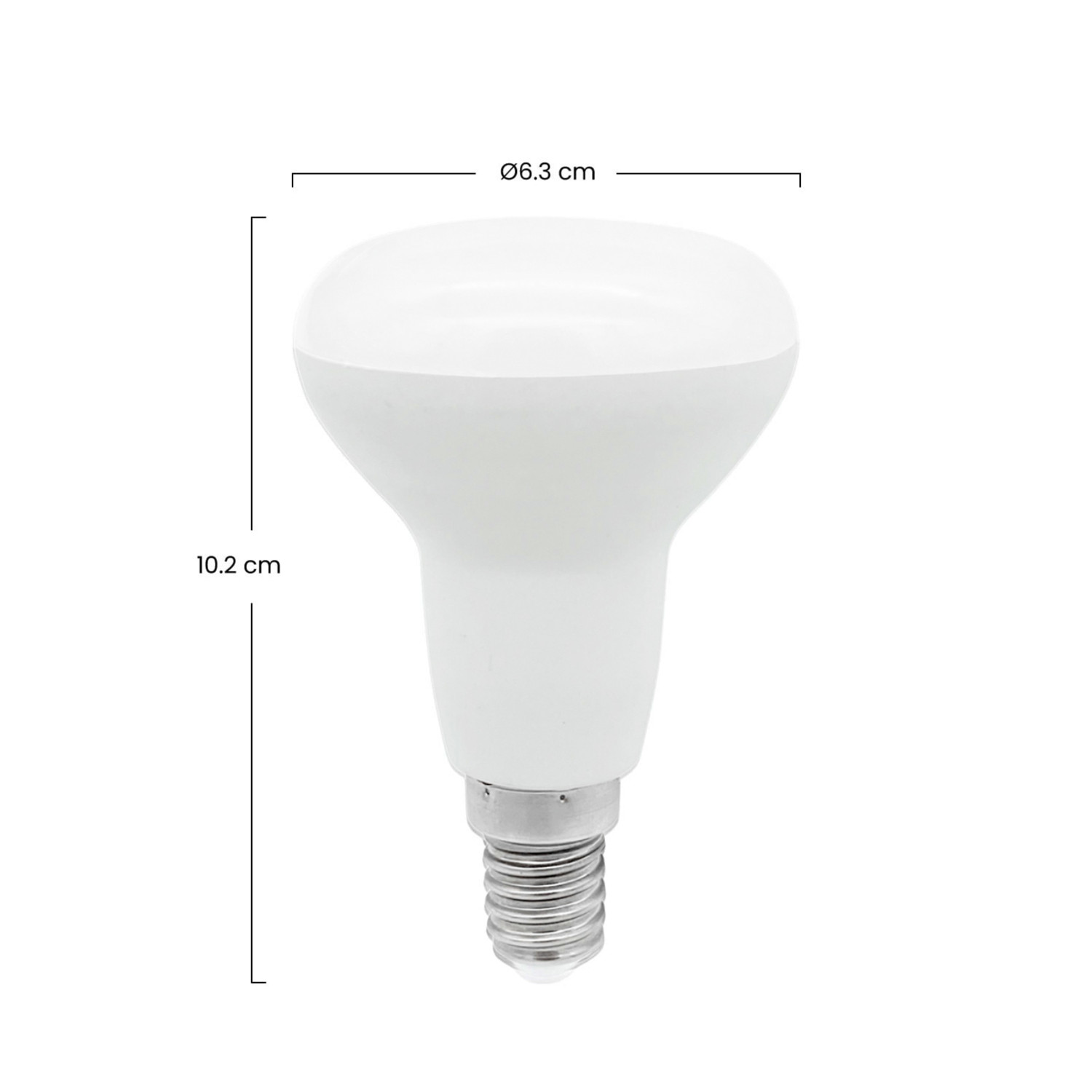 Una bombilla blanca de 10,2 cm de alto y 6,3 cm de diámetro.