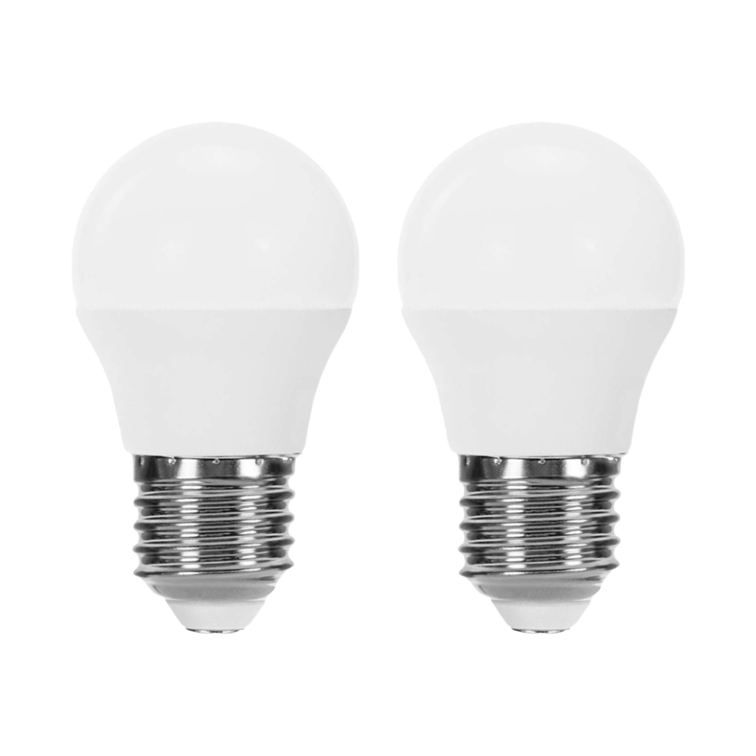Dos bombillas LED blancas una al lado de la otra sobre fondo blanco.