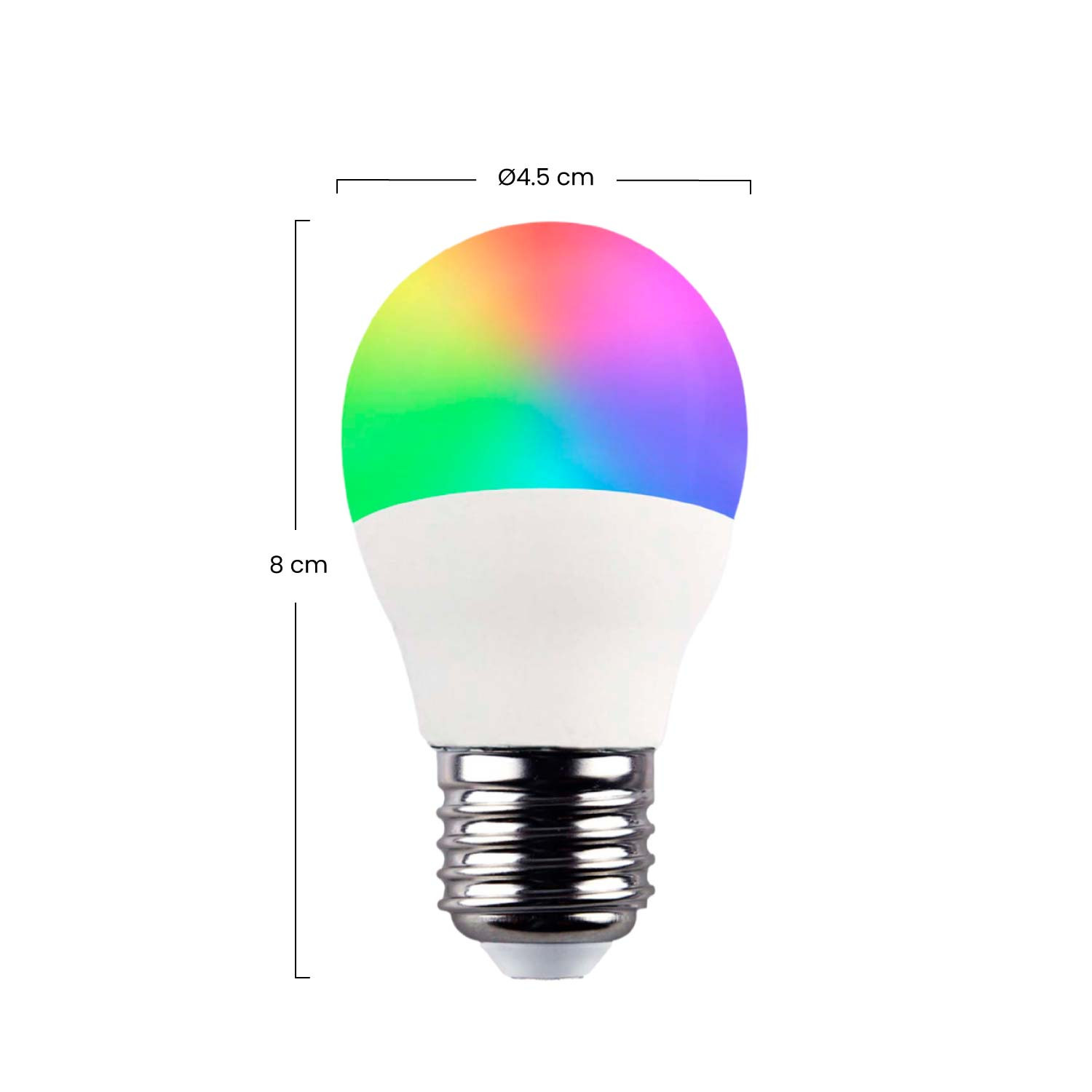 Una bombilla LED de colores con dimensiones de 8cm de alto y 4,5cm de diámetro.