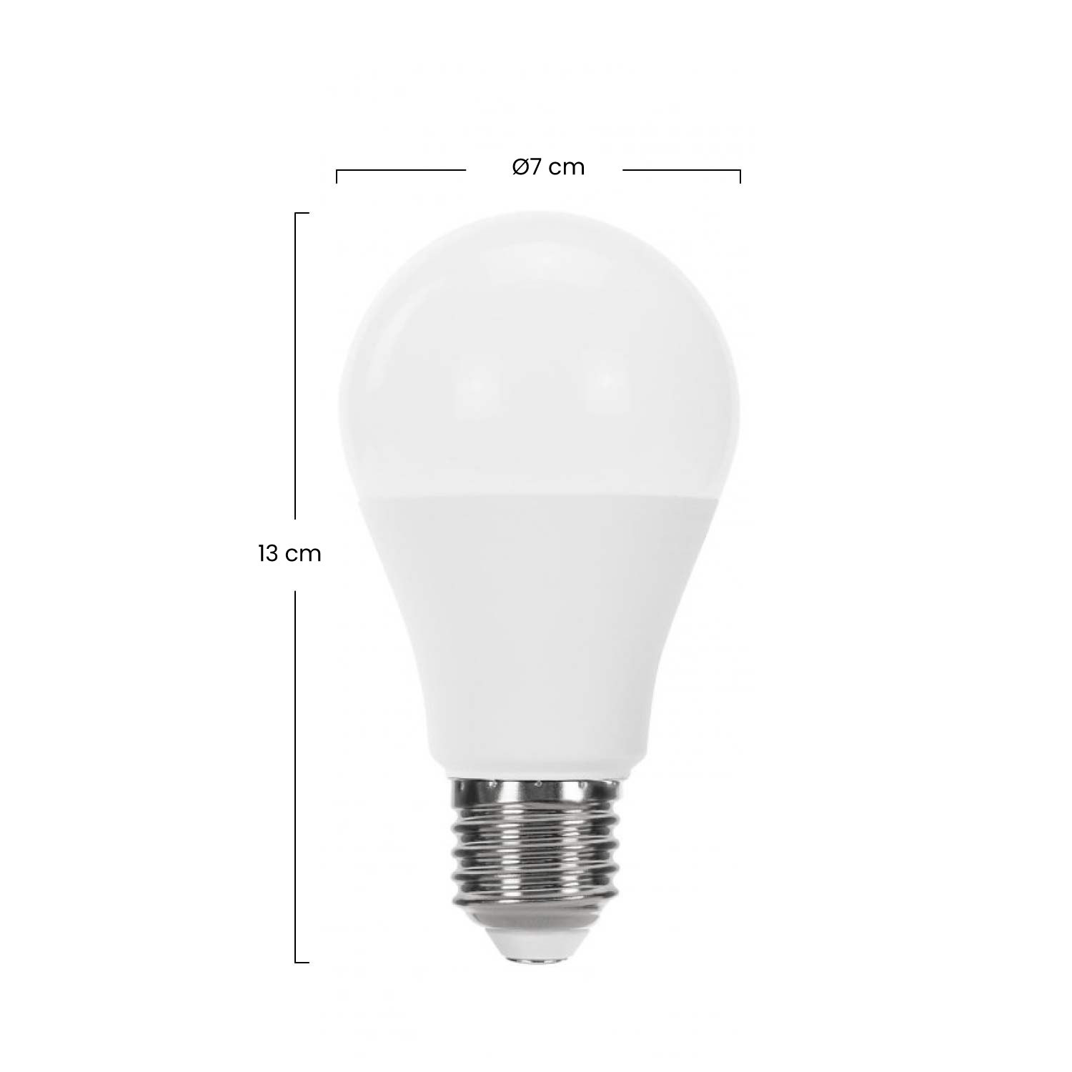 Bombilla blanca con dimensiones: 7 cm diámetro, 13 cm alto.