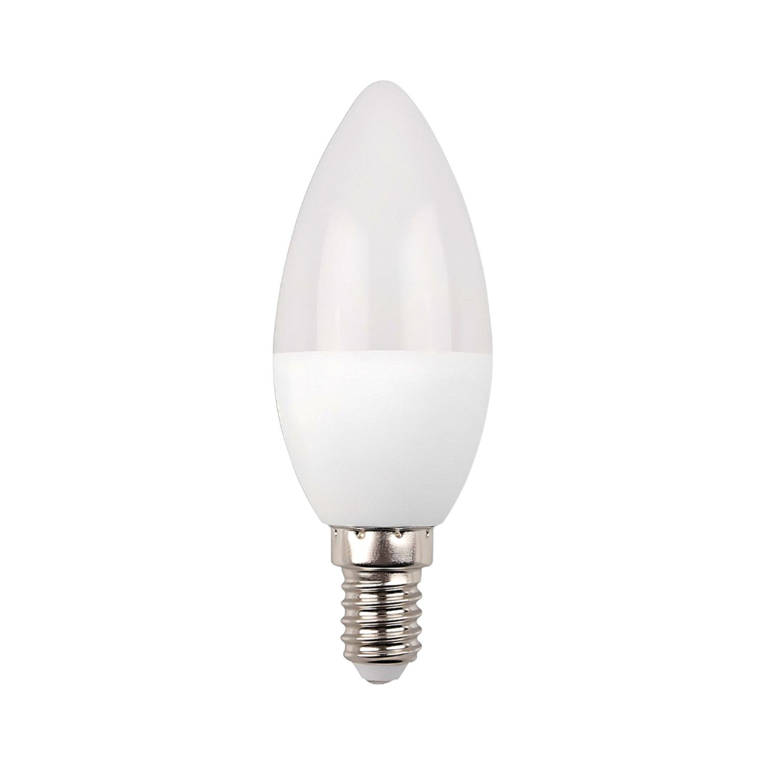 Una bombilla LED blanca en forma de vela con base metálica sobre fondo blanco.