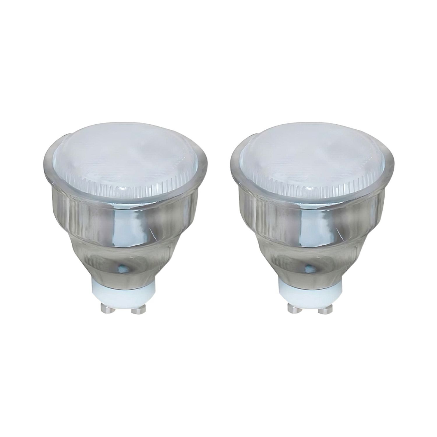 Dos bombillas LED blancas con bases plateadas están una al lado de la otra.