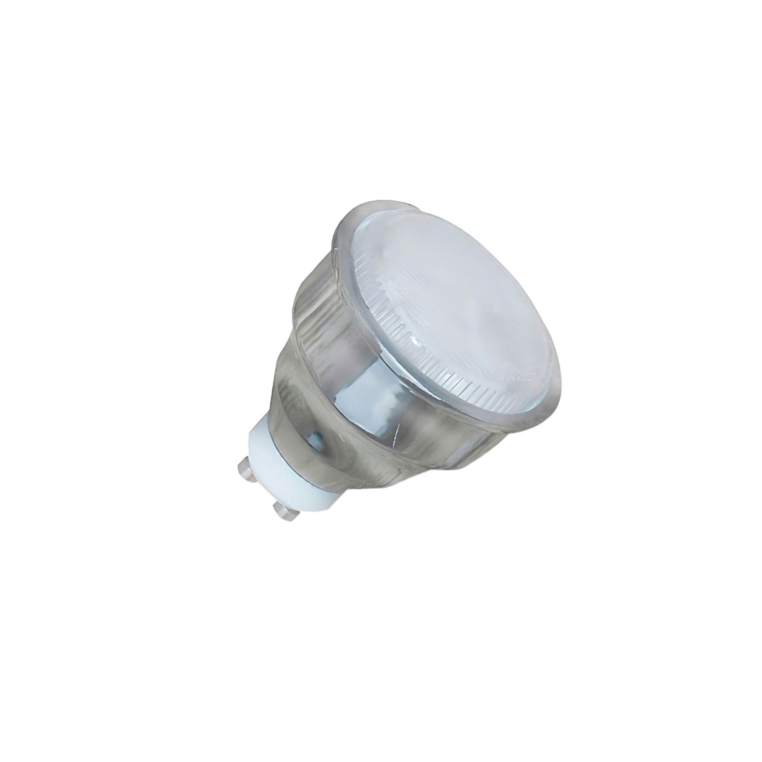 Una bombilla LED de base GU10 sobre fondo blanco.