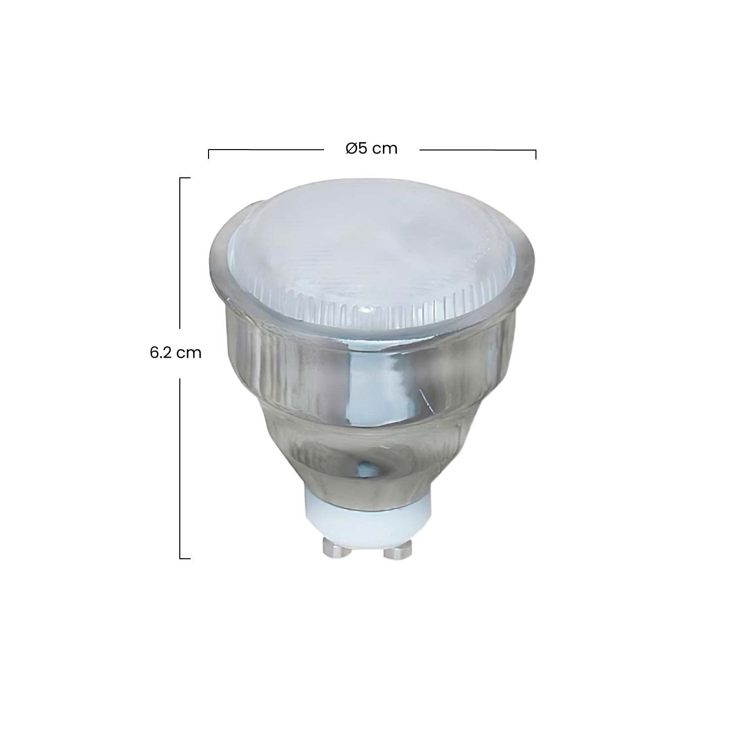 Una bombilla LED blanca de 5cm de diámetro y 6,2cm de altura.