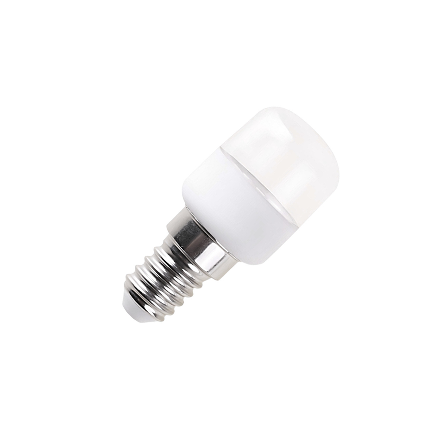 Una bombilla LED blanca con base E14 sobre fondo blanco.