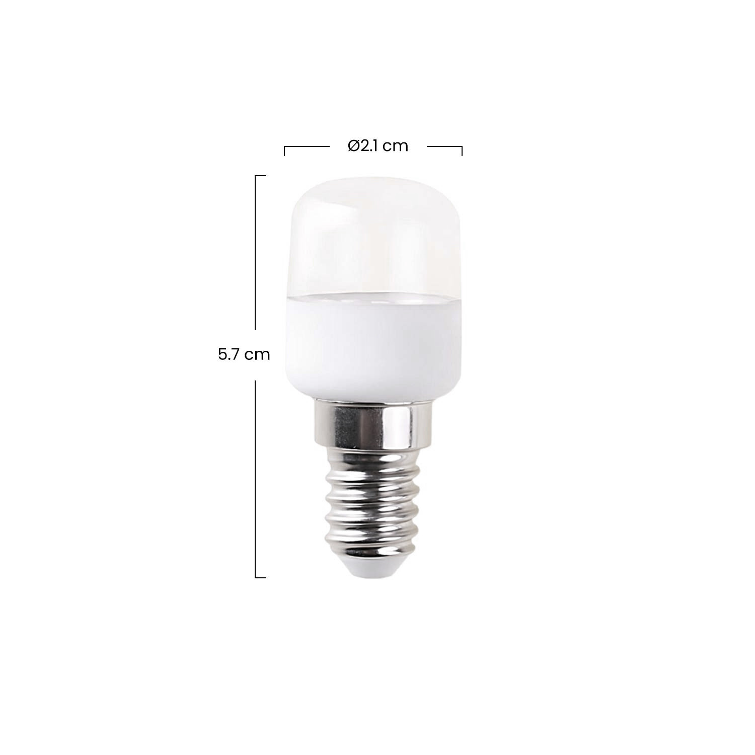 Una bombilla LED blanca con base de rosca metálica, 5,7 cm de largo y 2,1 cm.